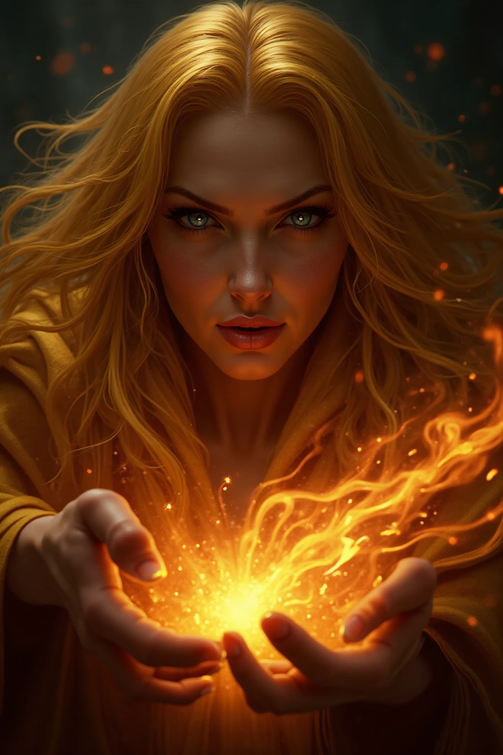  Young Adult, Intellectual, blonde face with messy hair, strong arms and rings of fire on her arms