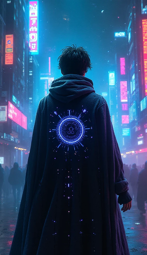 Harry Potter as a cyberpunk hacker wizard, surrounded by floating holographic screens, dark neon city, electric blue and purple colors, cyber cloak with glowing runes, hyper-detailed, dramatic composition