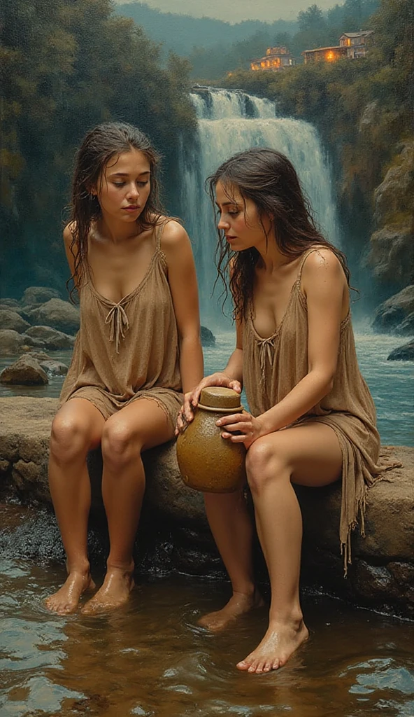 an oil painting on canvas, serene atmosphere, telling an ancient Javanese myth, 7 (seven) voluptuous fairies bathing in a pound, light brown skin,so beauty, sensual, their dark shawls long, the atmosphere was full of joy, they were seen laughing, playing with water, splashing each other,enormous banyan tree at the top of the hills from a distance