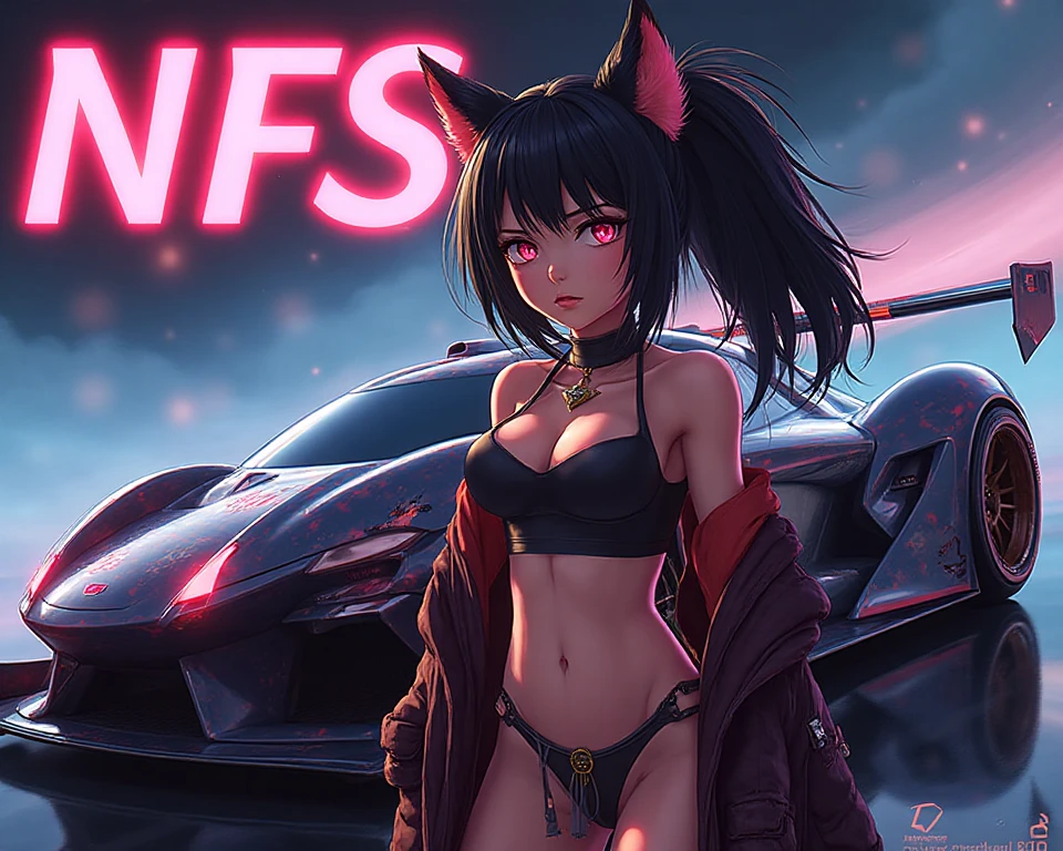 21 year old, toned, flexing, sharp big cat ears, cat tail, big black messy hair, extremely vibrant red eyes, masterpiece, vibrant,  , slim dark black hoodie, full body view, cute face, black thigh socks, combat boots.