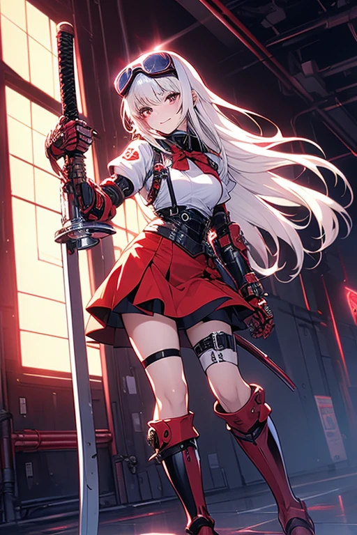 Wearing a red and white dress、anime girl holding sword, Highly detailed official artwork, Epic Light Novel Cover Art, epic Light novel cover art, Silver and red armor, guweiz on pixiv artstation, Anime style 4K, Detailed key animation art, Light novel cover art, Anime Fantasy Artwork，White hair and red eyes，Side Ponytail，Waist-length hair，1 Girl，Portraiture，Reading