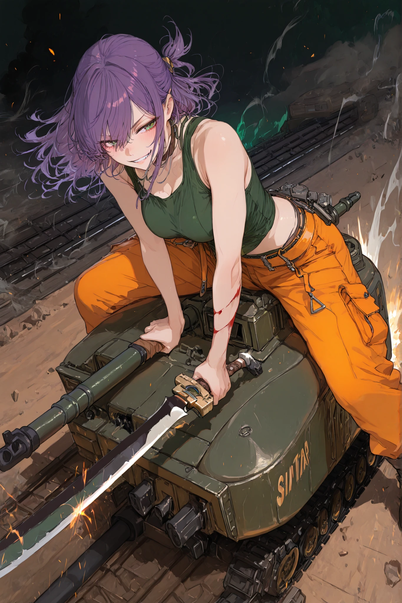 748cmstyle, masterpiece, best quality, ultra detailed, cinematic composition, battlefield setting,
(a quirky yet reliable female engineer on the tank:1.5),
medium-length purple hair, half updo, (wearing orange workwear:1.4), (She has scimitars), (one scimitar stabbed into a dark green tank:1.5), (raising the other scimitar:1.4), jito eyes, sly grin, confident and calculating expression,
deep green tank firing its main cannon,
sparks and energy effects where the scimitar meets metal,
dust, smoke, debris drifting across the battlefield, dramatic lighting with shadows highlighting her stance,
dynamic pose, wind blowing her hair and clothes slightly, cinematic angle emphasizing her confidence and skill,
mechanical details, realistic textures, subtle motion, storytelling composition