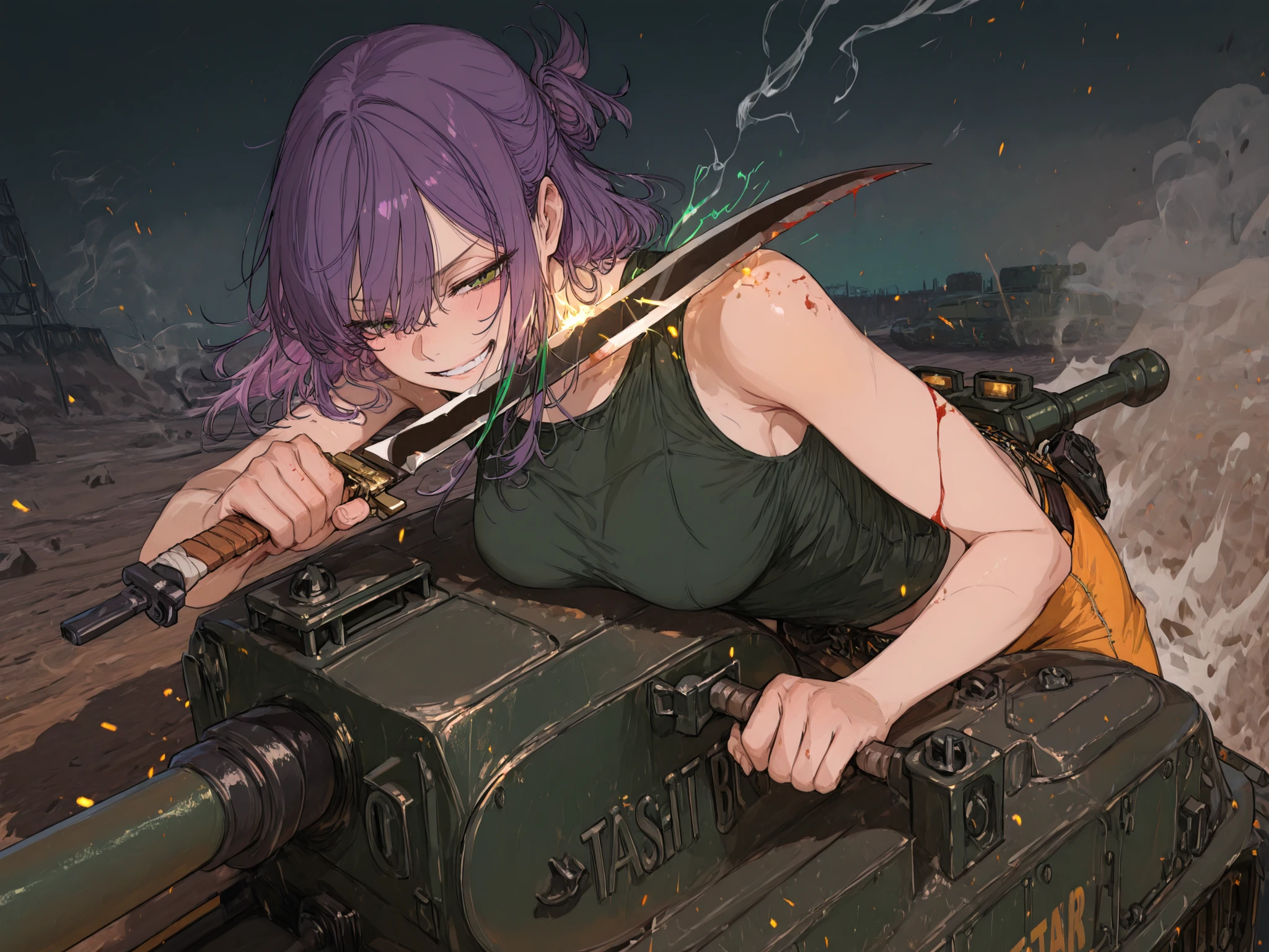 748cmstyle, masterpiece, best quality, ultra detailed, cinematic composition, battlefield setting,
(a quirky yet reliable female engineer on the tank:1.5),
medium-length purple hair, half updo, (wearing orange workwear:1.4), (She has two scimitars), (one scimitar stabbed deeply into a dark green tank:1.5), (the other scimitar resting on her shoulder:1.4), jito eyes, sly grin, confident and calculating expression,
deep green tank firing its main cannon,
sparks and energy effects where the scimitar meets metal,
dust, smoke, debris drifting across the battlefield, dramatic lighting with shadows highlighting her stance,
dynamic pose, wind blowing her hair and clothes slightly, cinematic angle emphasizing her confidence and skill,
mechanical details, realistic textures, subtle motion, storytelling composition