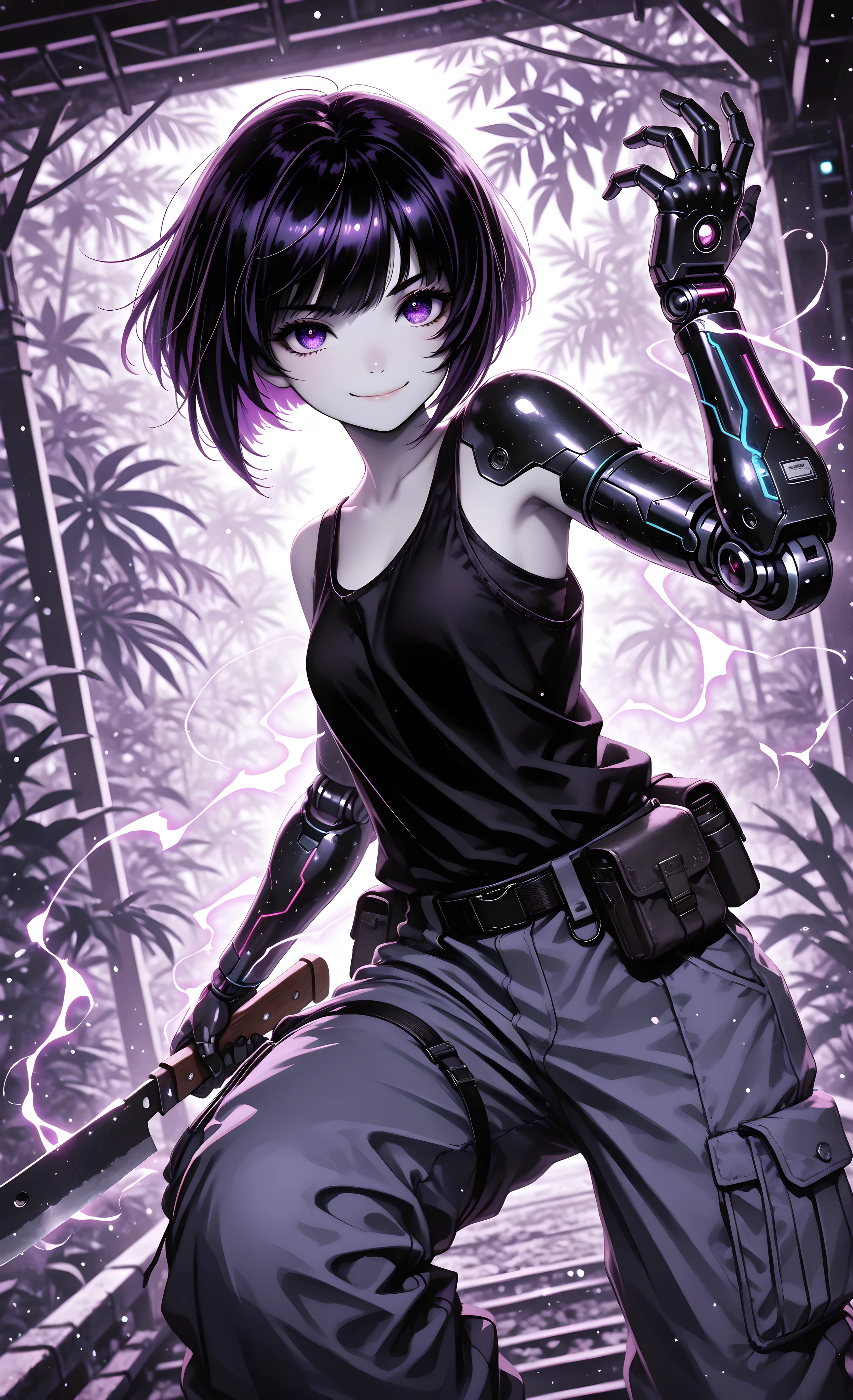 masterpiece, best quality, ultra-detailed:1.3, anime style, 1girl, short bob haircut (shorter in back, longer in front), pale skin, purple eyes, (cybernetic arms:1.3), wearing khaki cargo pants, tank top, pith helmet mixed with elaborate dark-blue and black outfit elements, silver patterns, leather accessories, weathered gear, survival equipment, holding machete in dynamic pose, cunning smile, jungle adventurer in tropical setting, explorer spirit, rugged independence, danger awareness, three-quarters view, dynamic composition, dynamic angle, dramatic lighting, purple ethereal energy, (light particles, bokeh:0.7), (depth of field:1.2), (spot color:1.2)