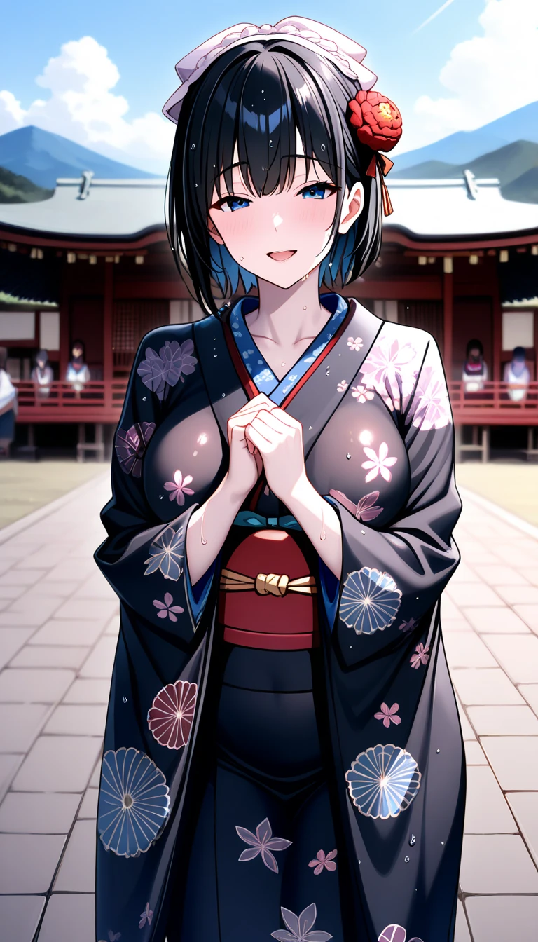 Lift up your 、Woman in kimono、 、 exposure、looking at the camera、tatami、Background dark room