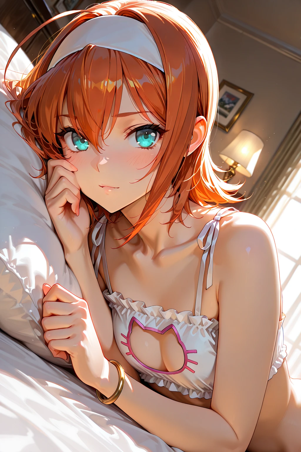 ((masutepiece)), ((Best Quality)), (Ultra-detailed), Anime style, on the bed, Cute little girl s, 1girl in, Solo, ((Beautiful eyes))0, Smile