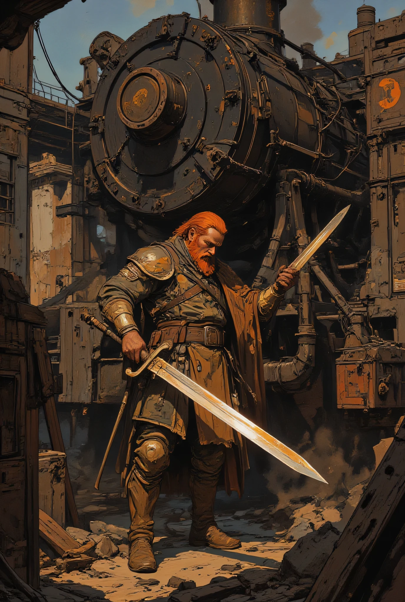 A red-bearded Scottish engineer sets out to "repair" a brokedown steam locomotive engine by slicing open a riveted seam in the boiler with a broadsword. Extreme engineering,  8K, oil painting, semi-realistic, lavishly detailed.