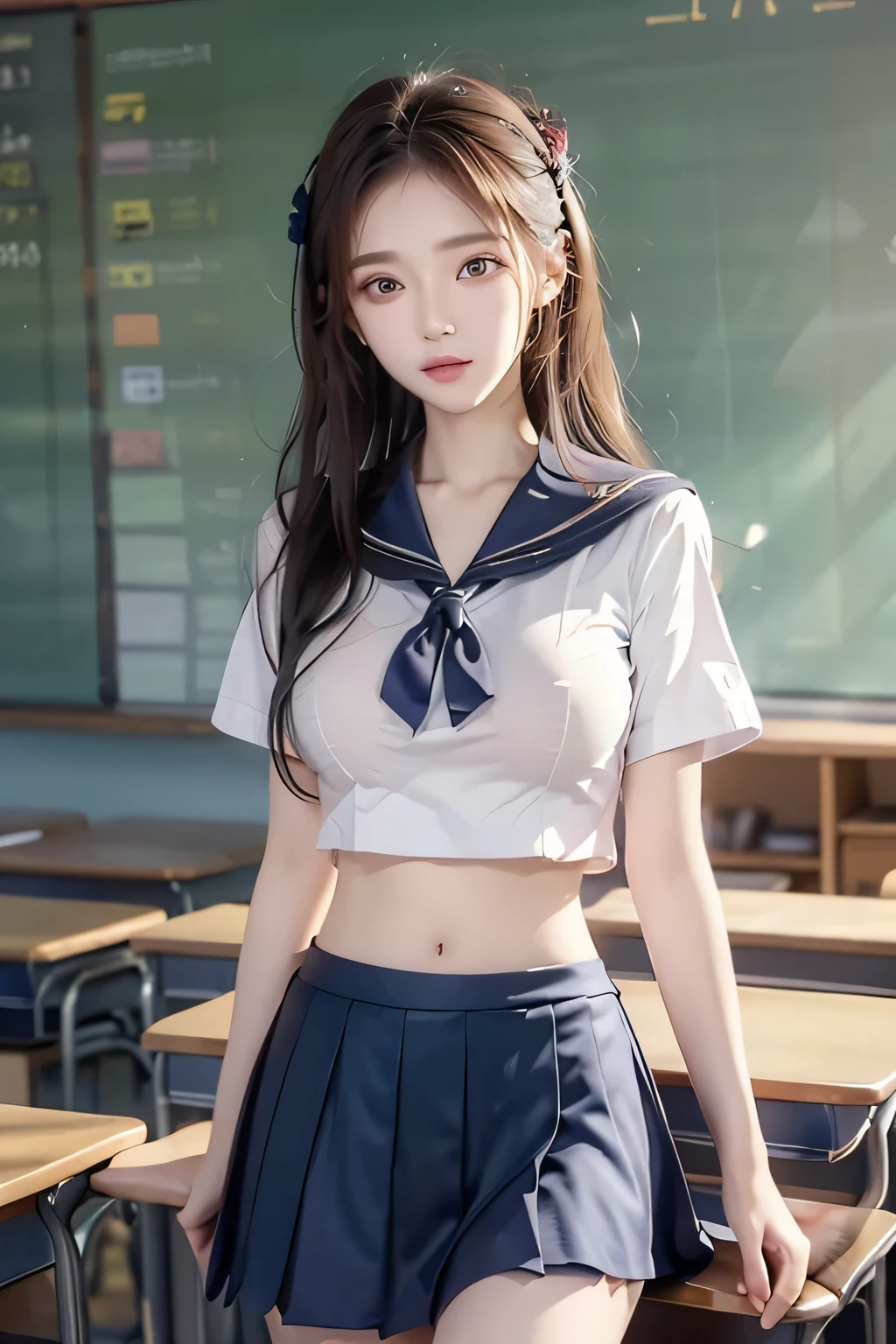 
( Super High Definition), (I'm looking over here), (school uniform:1.2, sailor suit, flared skirt), (Big Breasts:1.2), (Slimness:1.8), ( Read more:1.4), (thin thighs:1.4), ( thin hips:1.6), ( beautiful skin, shiny skin,  white skin), (Super slim face, Super beautiful face, makeup,  Smile :0.8), ( light brown hair,  semi-long,  layered cut ,  fluffy hair), ( big eyes:1.4, High corners of the eyes:1.6,  double eyelids), (Thin eyebrows:0.1), ( small nose:0.6), ( thin lips:0.6), classroom