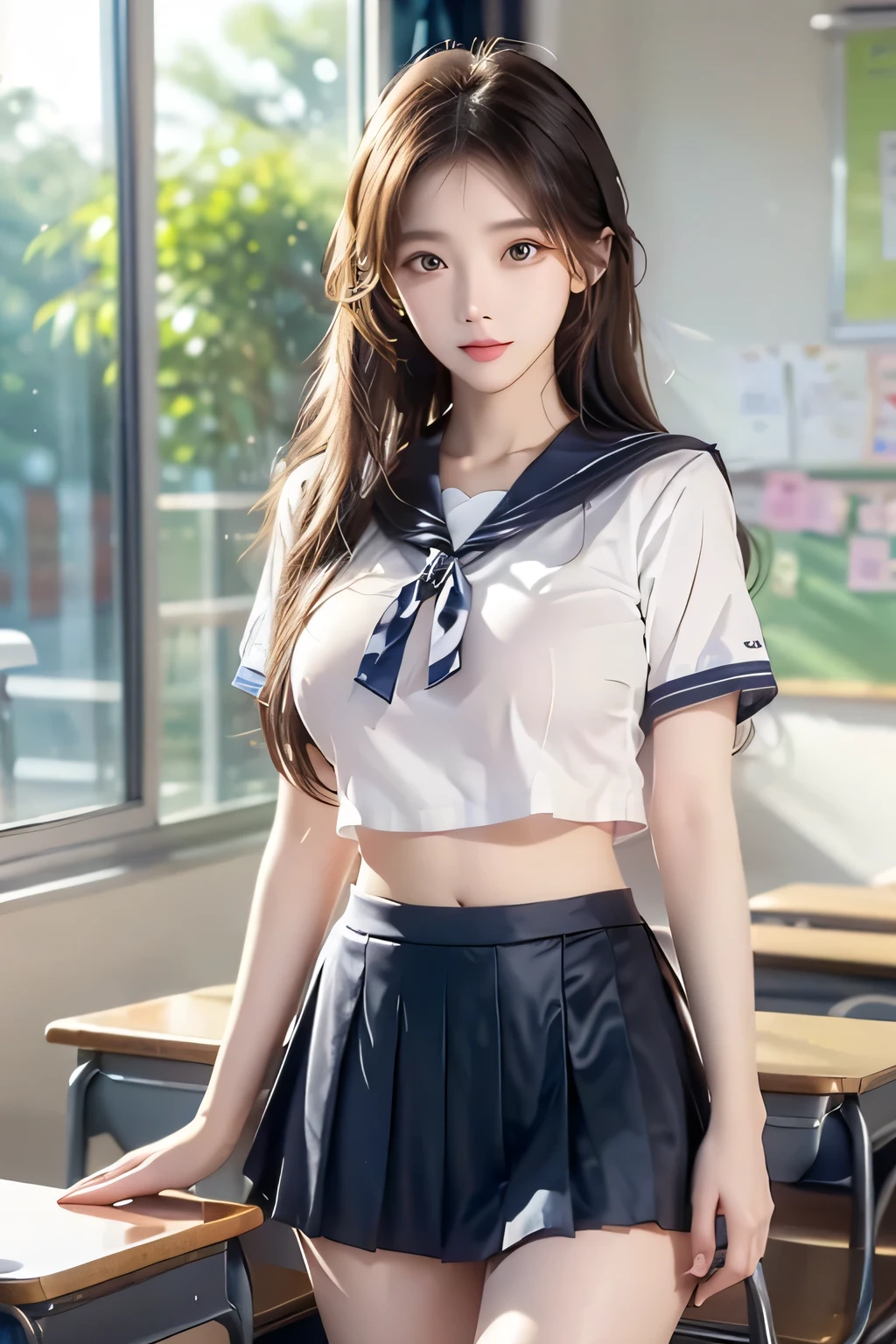 ( Super High Definition), (I'm looking over here), (school uniform:1.2, sailor suit, flared skirt), (Big Breasts:1.2), (Slimness:1.8), ( Read more:1.4), (thin thighs:1.4), ( thin hips:1.6), ( beautiful skin, shiny skin, white skin), (Super slim face, Super beautiful face, makeup, Smile :0.8), ( light brown hair, semi-long, layered cut , fluffy hair), ( big eyes:1.4, High corners of the eyes:1.6, double eyelids), (Thin eyebrows:0.1), ( small nose:0.6), ( thin lips:0.6), classroom