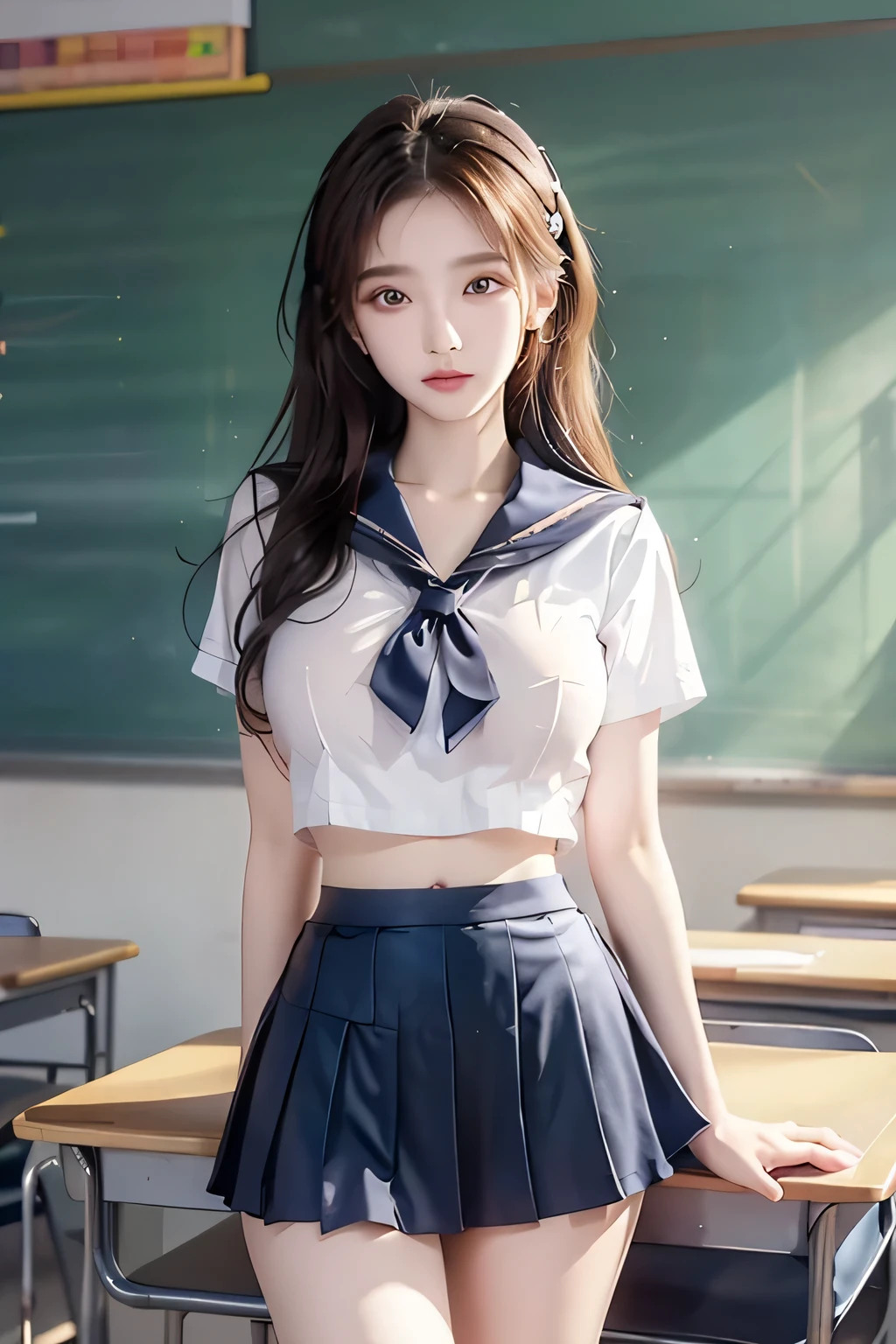 ( Super High Definition), (I'm looking over here), (school uniform:1.2, sailor suit, flared skirt), (Big Breasts:1.2), (Slimness:1.8), ( Read more:1.4), (thin thighs:1.4), ( thin hips:1.6), ( beautiful skin, shiny skin, white skin), (Super slim face, Super beautiful face, makeup, Smile :0.8), ( light brown hair, semi-long, layered cut , fluffy hair), ( big eyes:1.4, High corners of the eyes:1.6, double eyelids), (Thin eyebrows:0.1), ( small nose:0.6), ( thin lips:0.6), classroom