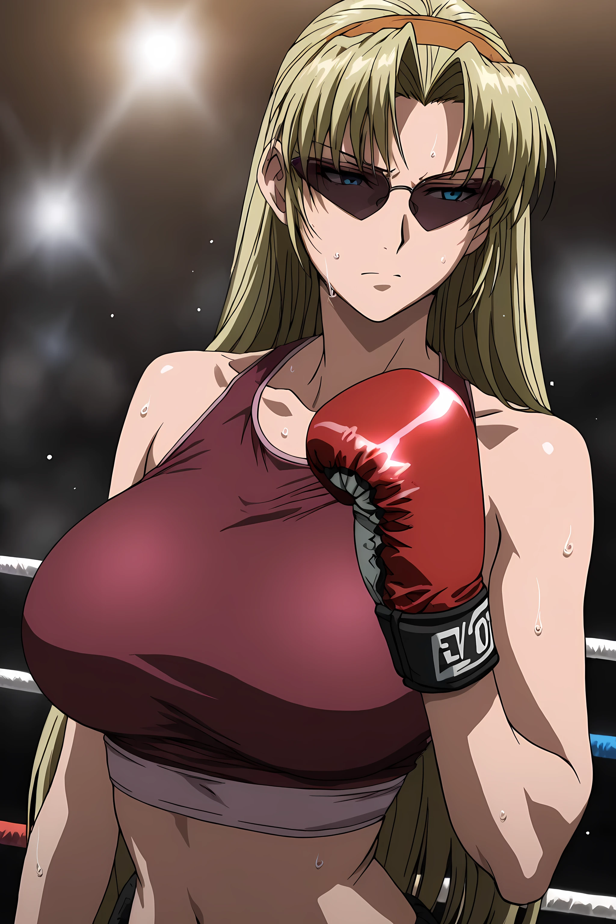 ,high calidad, Perfect , masterpiece,aesthetic,Ultra HD, 100 fps ,<lora:Eda_SDXL_IL_V1:1>,e1d22,1girl,solo,blonde hair,long hair,straight hair,orange hairband,blue eyes,sunglasses,boxing gloves,large breasts,pink crop top, midriff, navel, sweating