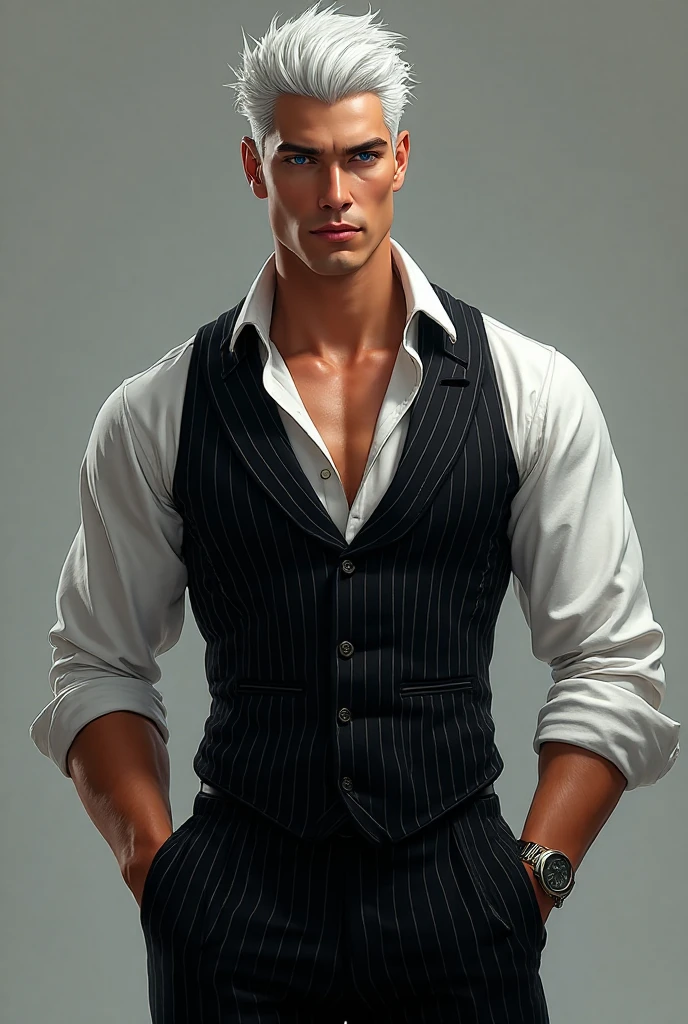 A man tall and muscular as one can only be after decades of hard training, when all the muscle groups, sinews, and ligaments are working in unison. His eyes are grey as polished granite, his cheekbones are high, and his blond hair tousled. He wears a dark suit and a white shirt open at the collar. Usually he carries his heavy Colt Combat in a shoulder holster under his right arm.