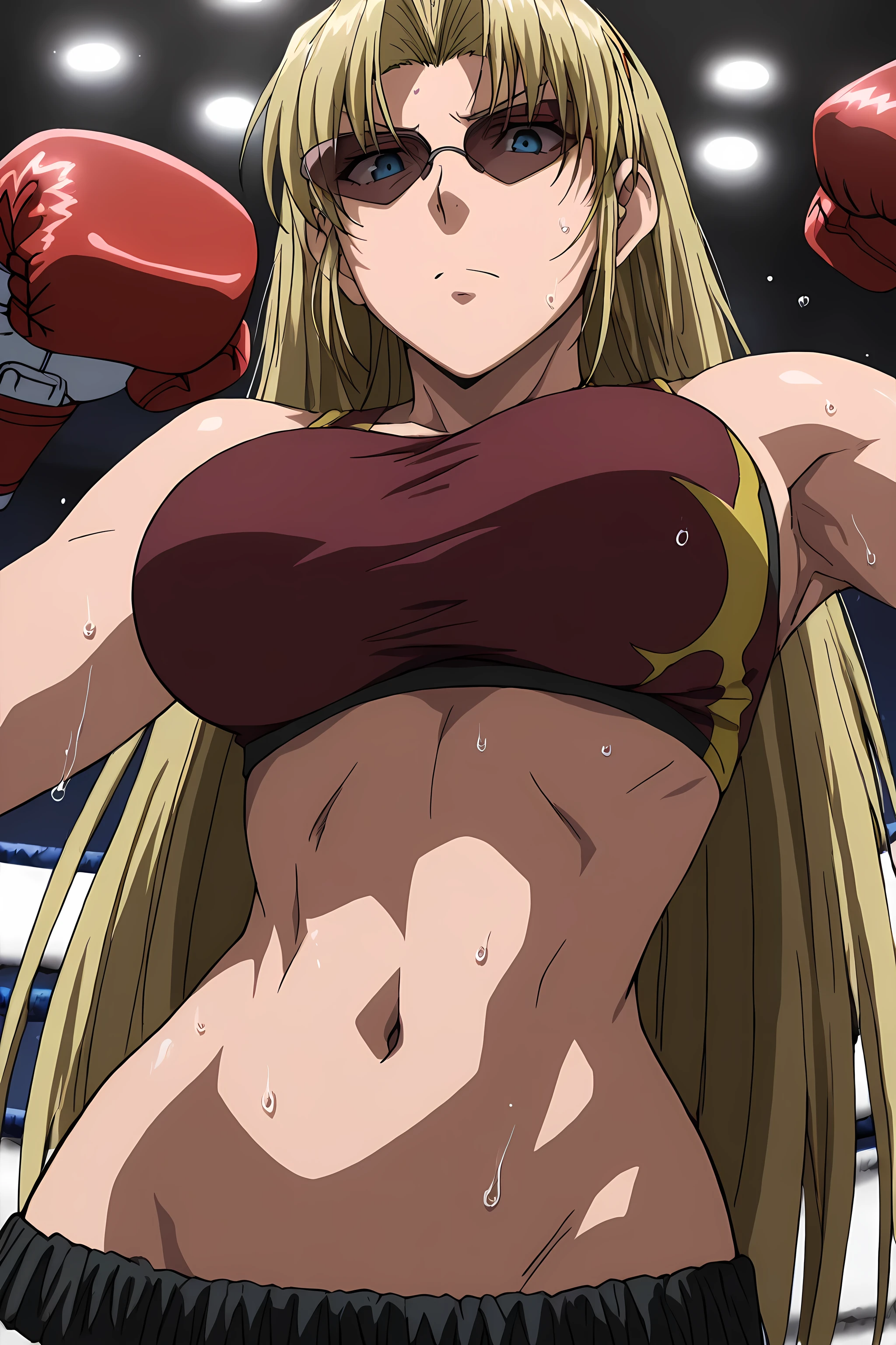 ,high calidad, Perfect , masterpiece,aesthetic,Ultra HD, 100 fps ,<lora:Eda_SDXL_IL_V1:1>,e1d22,1girl,solo,blonde hair,long hair,straight hair,orange hairband,blue eyes,sunglasses,boxing gloves,large breasts,pink crop top, midriff, navel, sweating