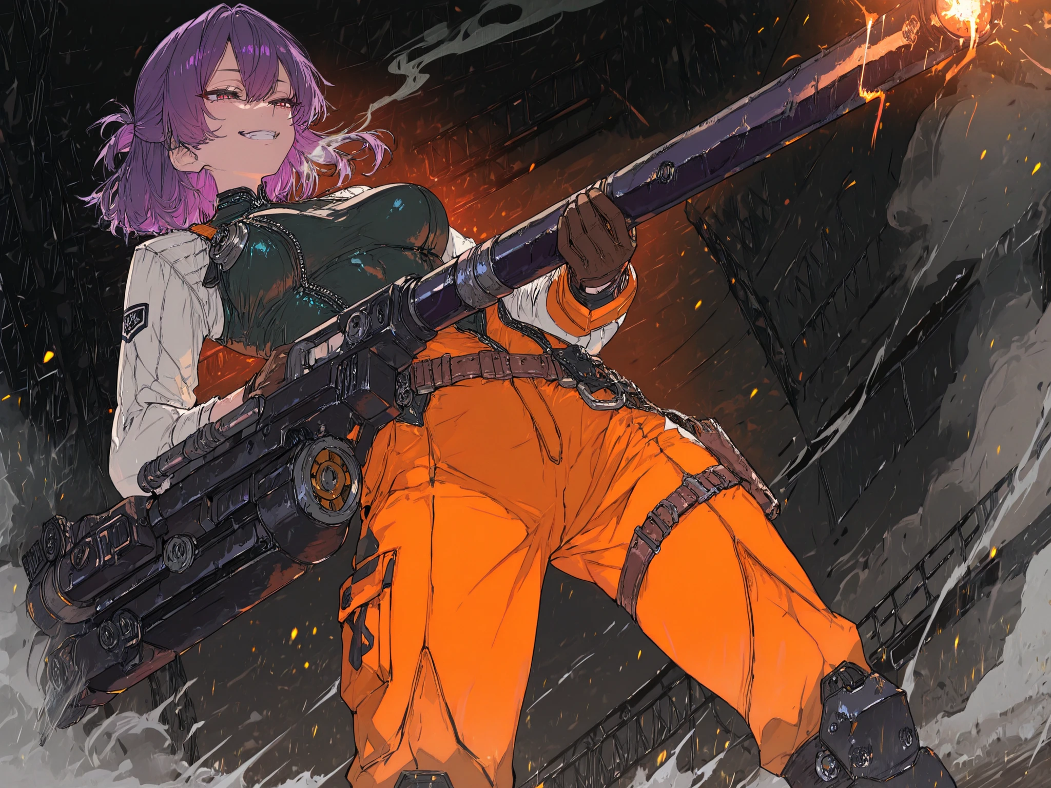 748cmstyle, masterpiece, best quality, ultra detailed, high resolution,
(powerful female engineer), eccentric mechanic who “fixes any machine with scimitars, confident aura,
1girl, medium-length purple hair, half-updo, jaded eyes(jito-me), smug grin,
wearing bright orange work suit, toolbelt, gloves with oil stains,
dual-wielding two scimitars, blades crossed in front of her in strong X-shape stance, metallic shine, sparks flying,
standing atop or riding a dark green heavy tank, brutal massive main cannon with absurd destructive power, detailed armor plating, mechanical texture,
war-torn battlefield setting, smoke columns, dust clouds, glowing embers,
dramatic lighting from explosions, cinematic contrast, motion in hair and clothes from the blast winds,
dynamic angle from slightly below, showcasing her fearless stance,
anime style, crisp lineart, expressive eyes, vibrant color accents,
(mechanical details:1.2), (dramatic lighting:1.2), (dynamic pose:1.1),
heroic yet eccentric atmosphere