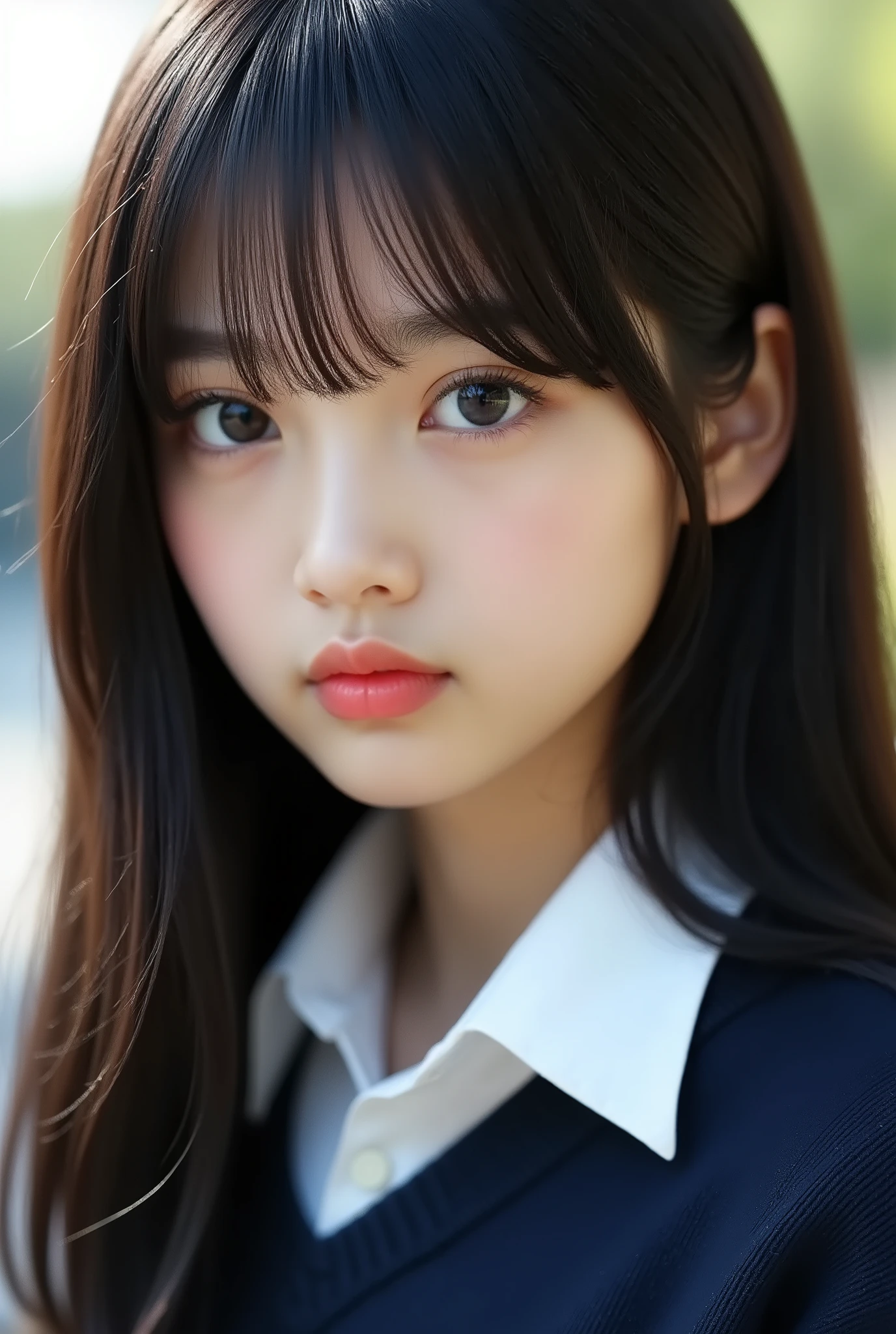 1 woman, Asian, of Korean origin , Japanese, china, black eyes,  loose and long hair ,  black hair, he would be, dominant, alpha woman , young, 20 years,  high school student , Schoolgirl,  sports uniform , white shirt, navy blue sweater , closed lips, natural lips, Kpop, Illuminated background,  tanned skin ,  close up ,  in profile 