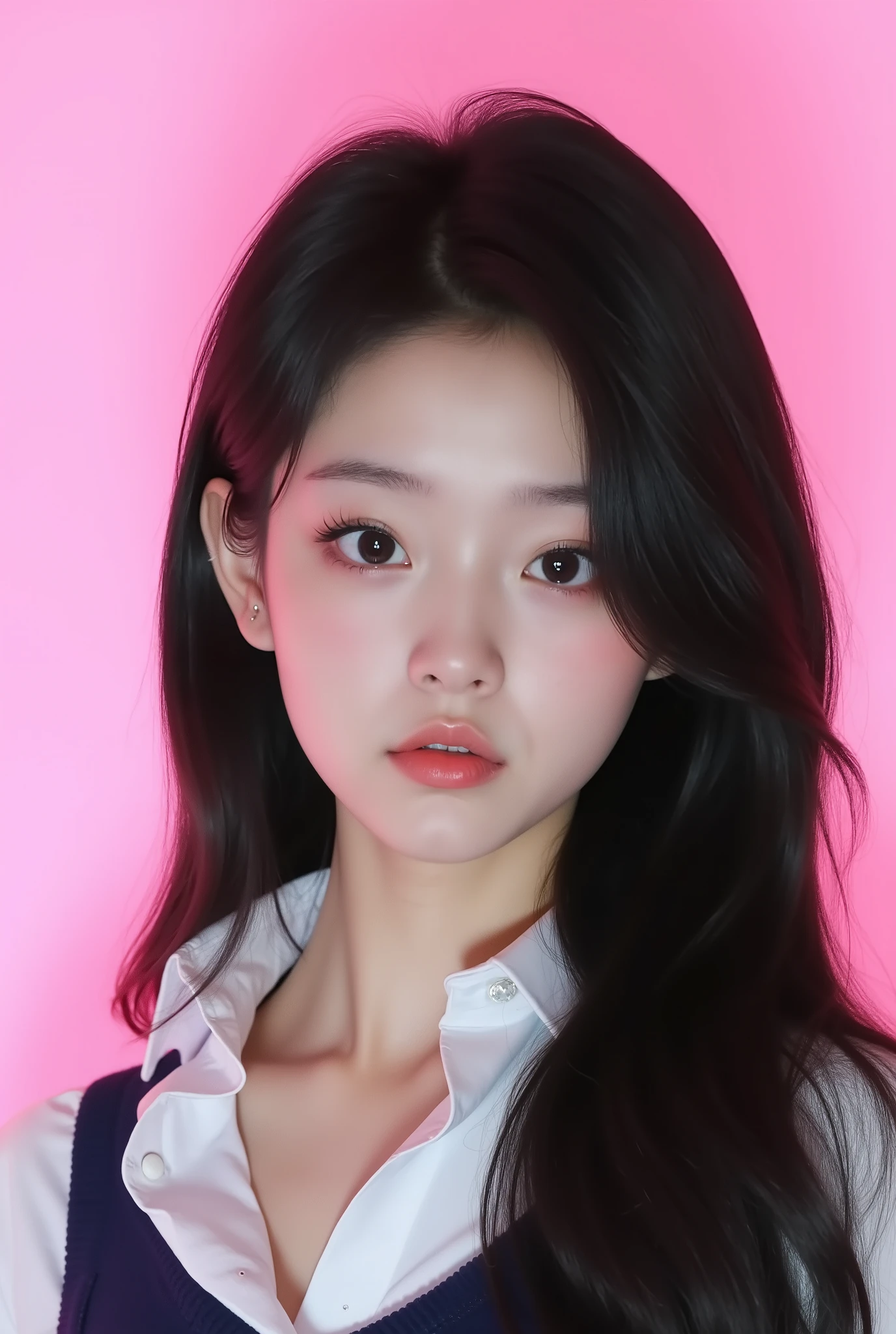 1 woman, Asian, of Korean origin , Japanese, china, black eyes, loose and long hair , black hair, he would be, dominant, alpha woman , young, 20 years, Korean Asian high school student , Schoolgirl, sports uniform , white shirt, navy blue sweater , closed lips, natural lips, Kpop, Illuminated background, tanned skin , close up , pink background
