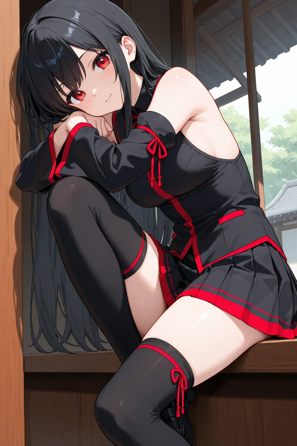 score_9, score_8_up, score_7_up, source_anime,
kurumitokisaki, kurumi tokisaki, black hair, red eyes, long hair, (bunches)
 shoulder, ribbon, Black , bikini, briefs, hair over one eye,  black bikini, twintails, low twintails, black silk leggings
indoors, outdoor, smile,
looking at viewer, solo, sitting posture,