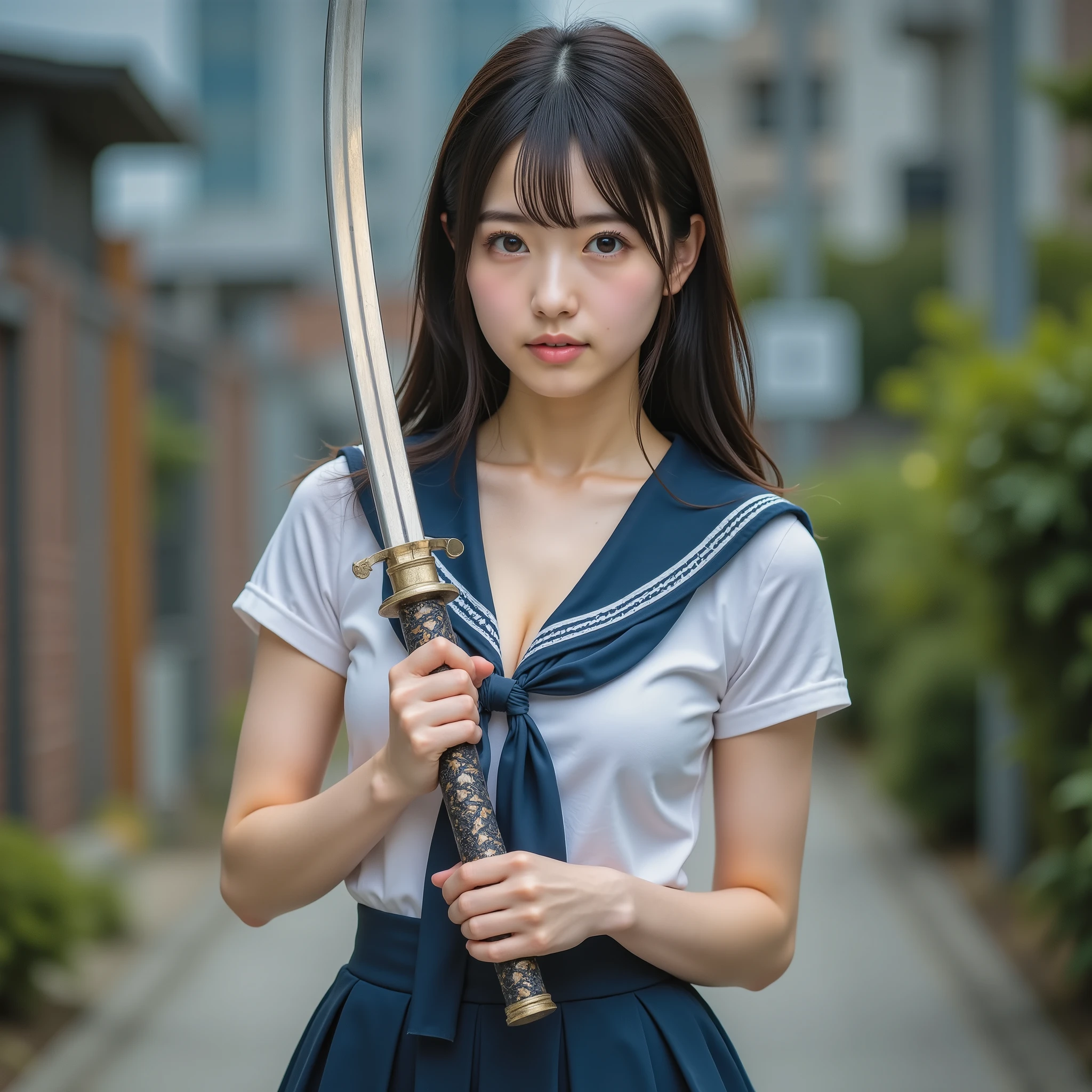 (greatest masterpiece, Born々Great RAW photo, professional photo shooting:1.3), JK uniform in sailor suit, (Conveying the atmosphere of Iai), (holding a very large curved sword:1.5), (Photo of a top Japanese idol holding a sword from the front:1.10), Ultra Clear Focus, Full body shot from the tip of the head to the tip of the calf、very beautiful face and perfect style, perfect makeup, Realistic Beautiful Skin, PERFECT ANATOMY, (perfect body,slender west, Tight Waist), applied to wavy hair, professional lighting,