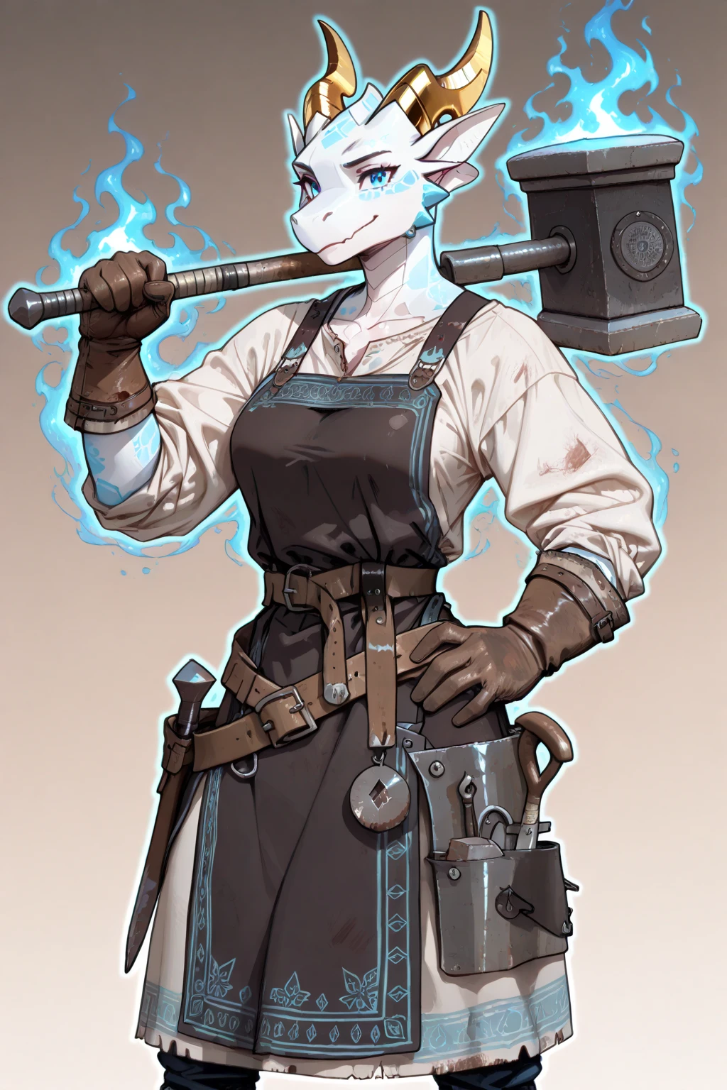 masterpiece, best quality, detailed, Asura, female, 1girl, guild wars, two tone skin, brown skin, floppy ears, orange eyes, blonde hair, ponytail, parted bangs, small , 4 fingers, claws, 3 toes, shortstack, notched ear, tank top, , cleavage, pants, boots, jacket around waist, fingerless gloves, (midriff:0.8), , sweat, muscular female, grin, sharp teeth,  face, goggles on head,
standing, giant wrench, weapon over shoulder, arm up, adjusting goggles,
indoors, workshop, steampunk, pipes, steam, sunlight, dynamic angle,
<lora:AsuraIL_v2:0.9>