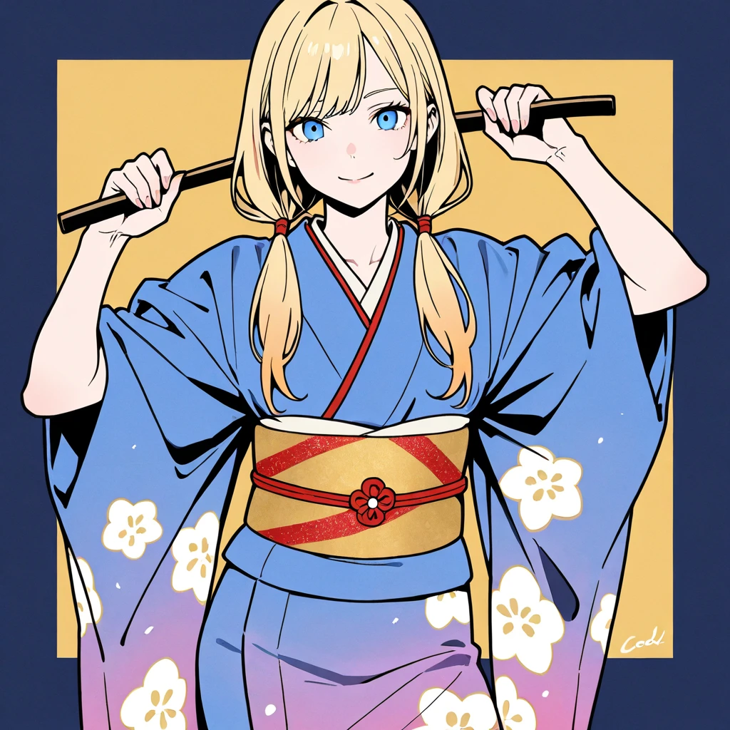 fg2h, finger gun, pastel colors, cowboy shot, from above, 1girl, cold eyes, distant, blank stare, expressionless, empty eyes, no expression, apathetic, dark blue eyes, nihongami and single hair intake, yellow hair