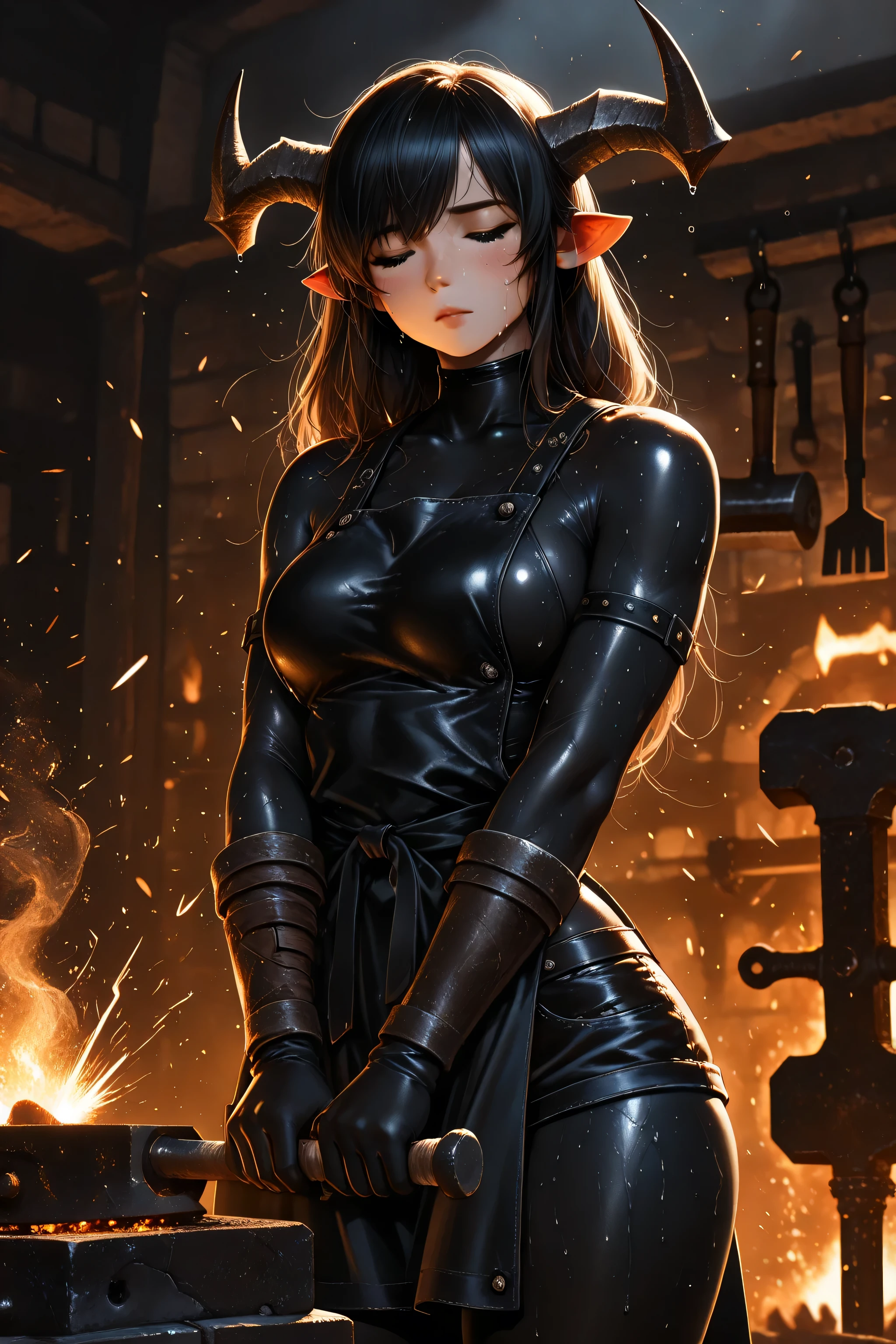 high quality, masterpiece, detailed, curvy girl, black bodysuit, short shorts, blacksmith's leather apron, muscular arms, works with a hammer on an anvil, forges a scimitar, flying sparks , Incandescent metal, Sweat on your skin , tense muscles, the dark forge, contrasting lighting from the horn, Dramatic shadows, metal details, realistic image