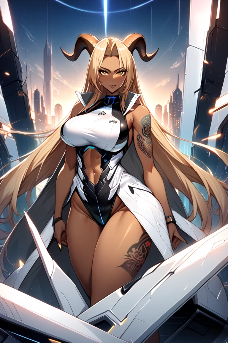 Muscular beauty with long blond hair，horned helmet，Abdominal muscles，White blue sci-fi armor，cleavage， waist，briefs，Back rocket launcher， Legs，Big cities