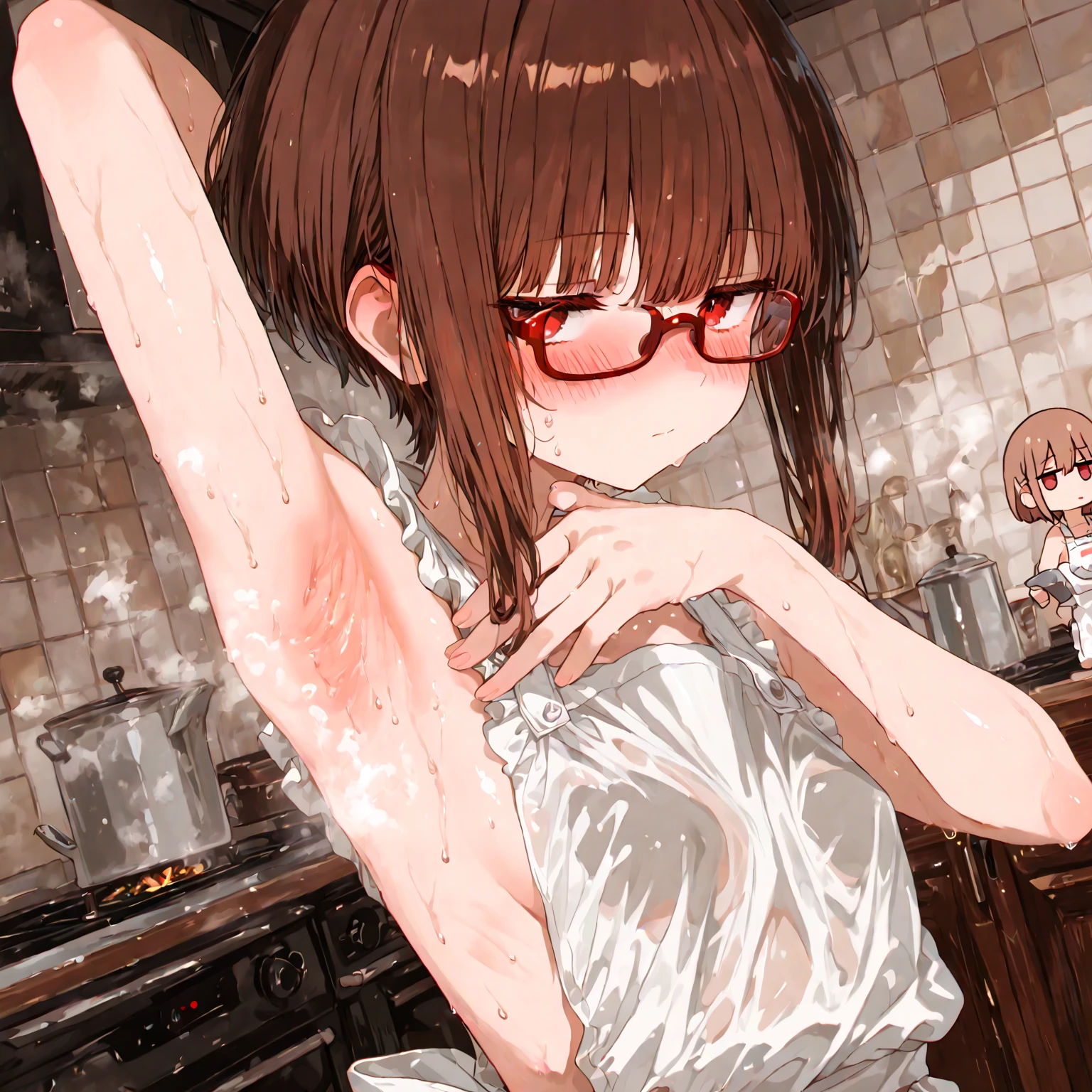 , (masutepiece), (photo realistic1.4), 超A high resolution, Best Quality, 8K,come before:1.0,perfect hands, perfect fingers, perfect legs,1woman,idol master,((hina araki)), (20yo, beautiful girl, cute girl), (beautiful brown eyes), (beautiful orange hair), (((short hair))), (waviy hair), (wet hair), (wet skin), (sweat), (steam), (flat chests, large ),((green truck suit)), (()), (wet, sweat:1.3), ((wearing glasses)), (food,cup, table, plate, bowl, pizza, drink,pov_across_table, dinnig)),( on body:1.9,  on hair:1.9.  on face:1.9,  on mouths:1.1, on table:1.9)),((multiple boys, peeing on a girl, multiple , ))),, torogao, saliva trail, nose blush,((shyness smile:1.3)), ((eat :1.7)),(peace sign:1.5),(bouncing ), (indoor,my room),