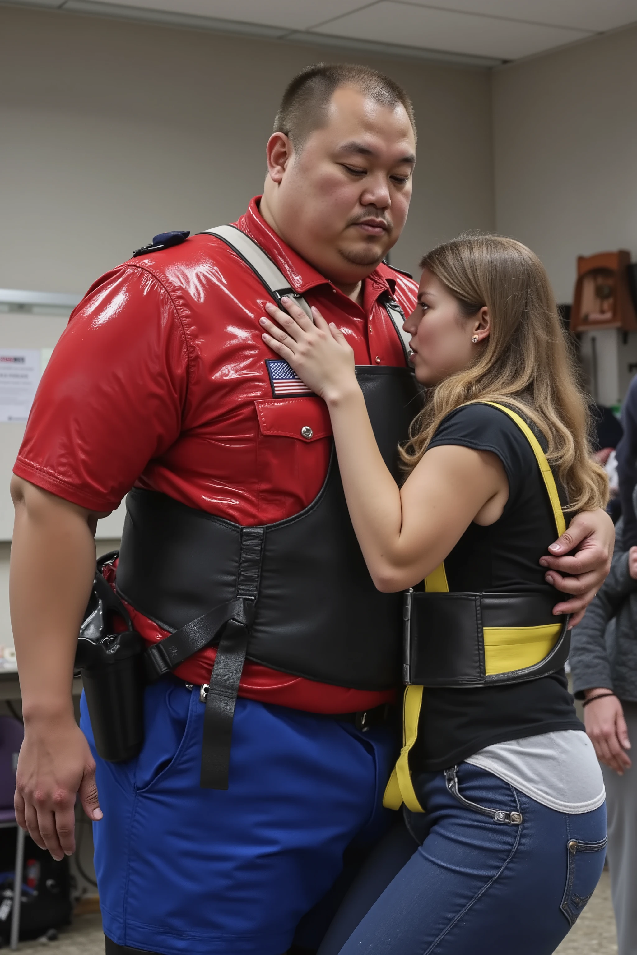 a 50 year old fat asian full-figured body male wearing a bright shiny polished red rubber police shirt, wearing blue polished rubber police pants, wearing a bright yellow shiny rubber bulletproof vest covered in grime, a 34 year old woman wears a WrapRestr that is wrapped around the mans body and her she is held tightly against his grimy vest,