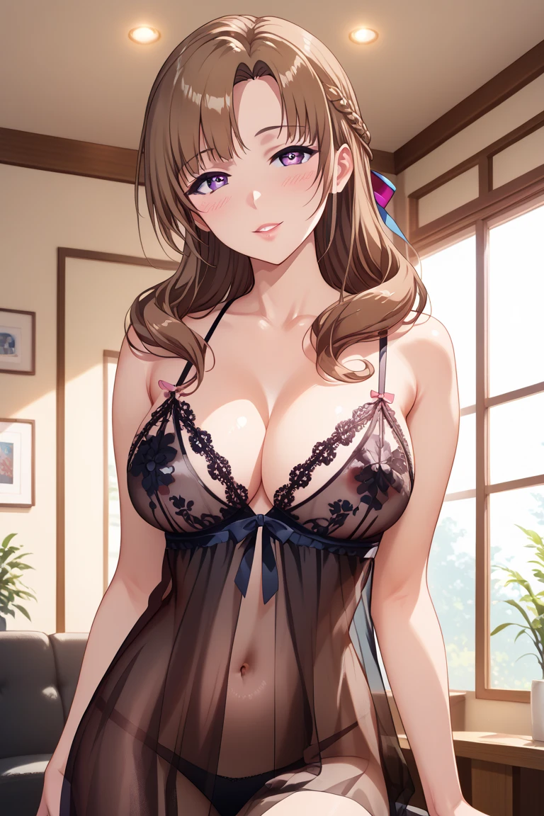 (masterpiece, Highest quality, High resolution, Super detailed, Highest quality), Detailed body, Detailed face, Blake Women, Detailed Eyes, small Smile, Tight waist, Brown ponytail hair, sheer nightgown, bedroom, ((kneel))