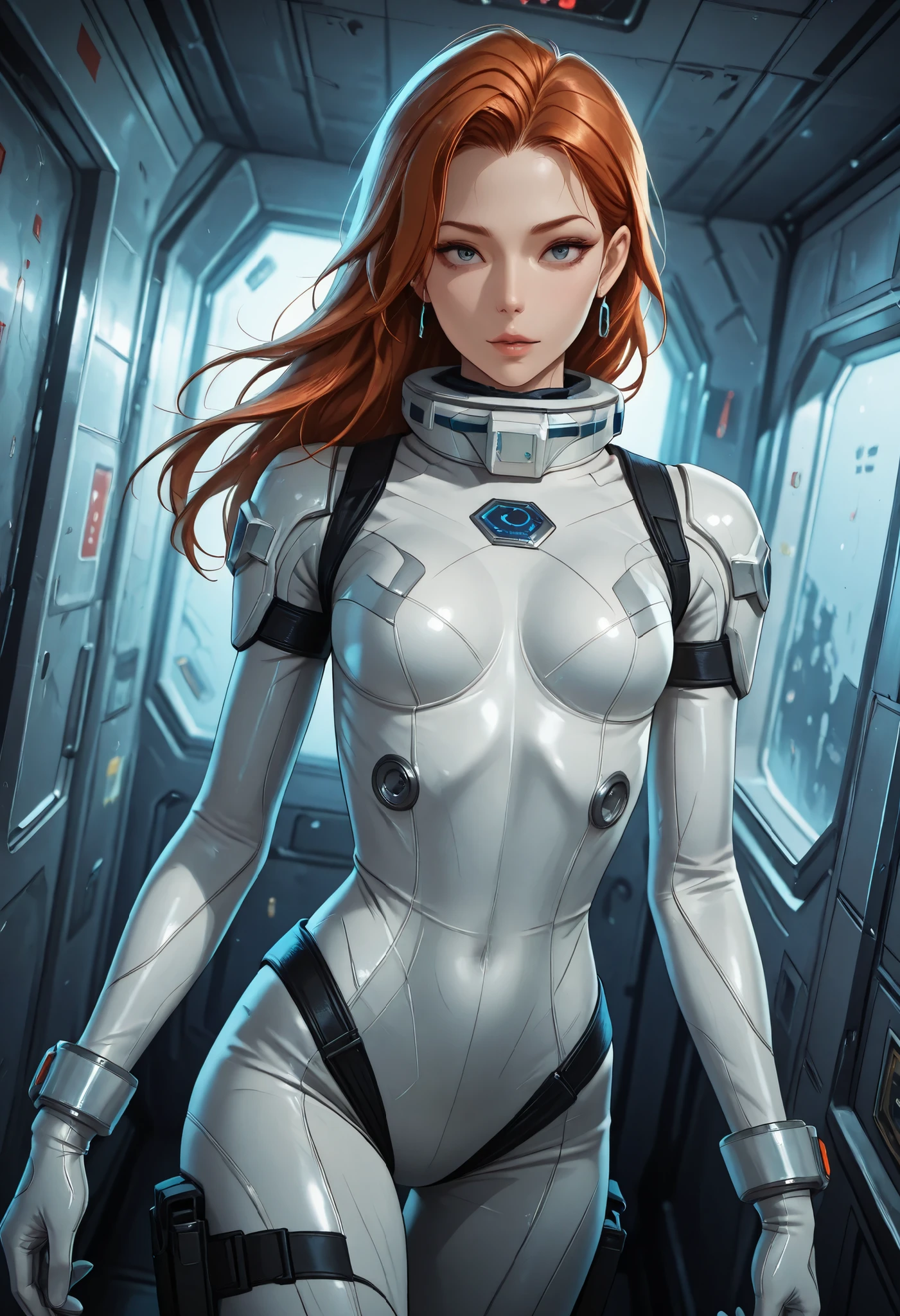 high resolution images, masterpiece, Highest Quality, amazing quality, official art, Highly detailed, Wallpaper, 1 girl, skinny frame, A very attractive and slim woman wearing a tight spacesuit walks through the corridors of an abandoned and decaying space station in a futuristic world. dynamic angle,