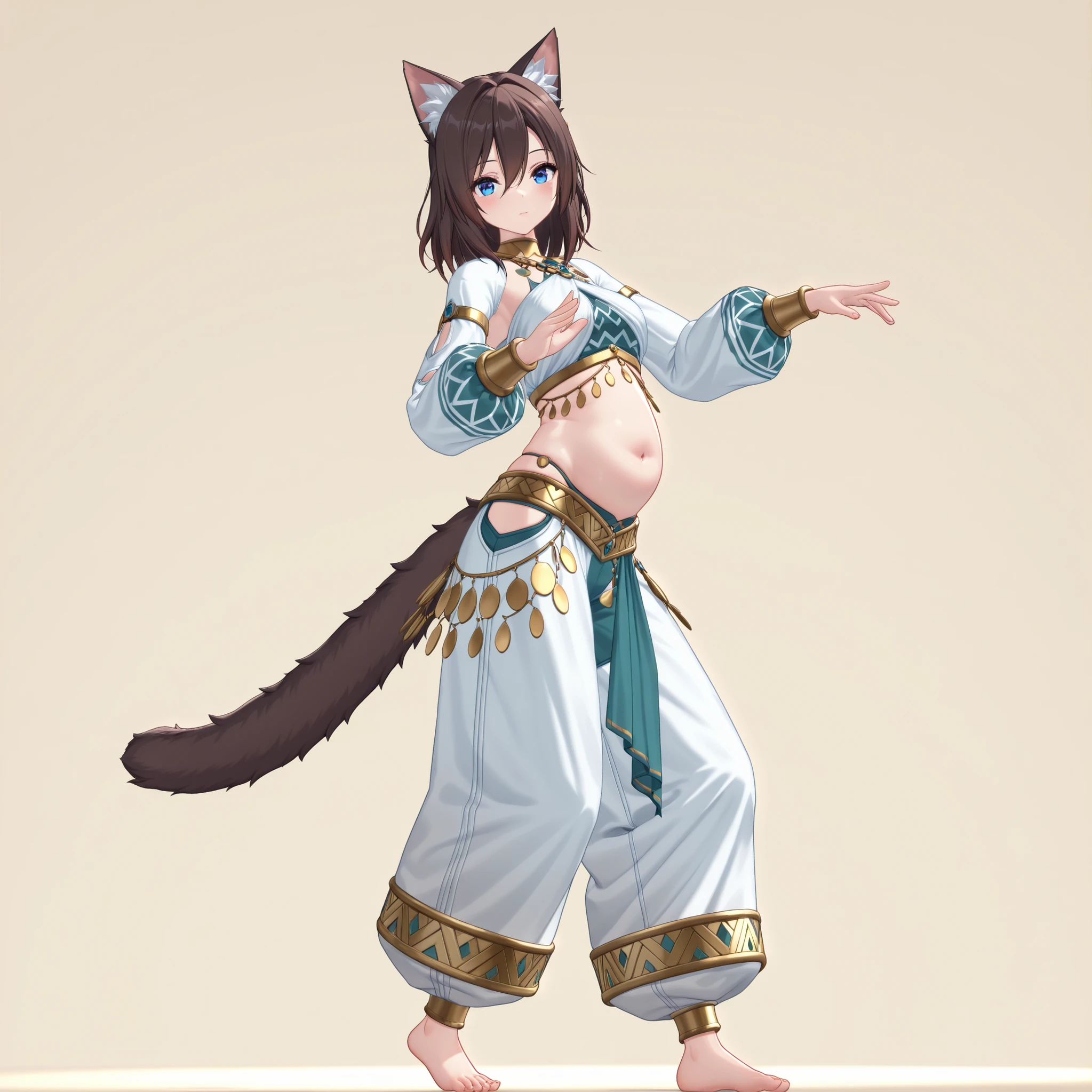(1girl, solo, cat girl, fluffy tail, dark brown hair, medium hair, hair between eyes, blue eyes, midriff, navel, top, long sleeves, very baggy oversized harem belly dance jasmine pants, barefoot, body jewelry, standing, dancing, looking at the viewer, graceful, sylish, glamorous, sexy, charming, cute, full body, beautiful environment, biyōjo, moe, 3d, beautiful aesthetic, simple background, masterpiece, best quality)