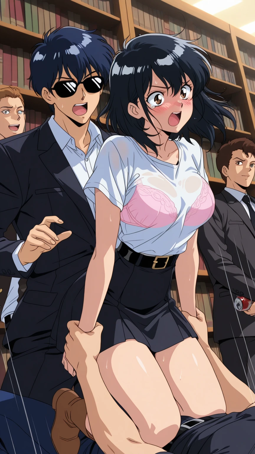 hot woman, dark hair parted in middle with pigtails, very alluring eyes, sensual woman, ???? curvy figure, big legs, big ????, svelte waist, svelte sized perky , pear shaped, extremely hot, most beautiful woman, toned legs, wearing black shorts, thighs showing, calf high boots, ??????????? short sleeve tshirt, wearing glasses, stunningly beautiful, standing on crowded subway train, high quality, high resolution, extremely accurate,highly detailed, intricate detail, insane accuracy, (she is being tickled by a man standing behind her:1.3), (the man' hands are squeezing her torso:1.3), (she is laughing hard:1.2), side view, voyeuristic perspective