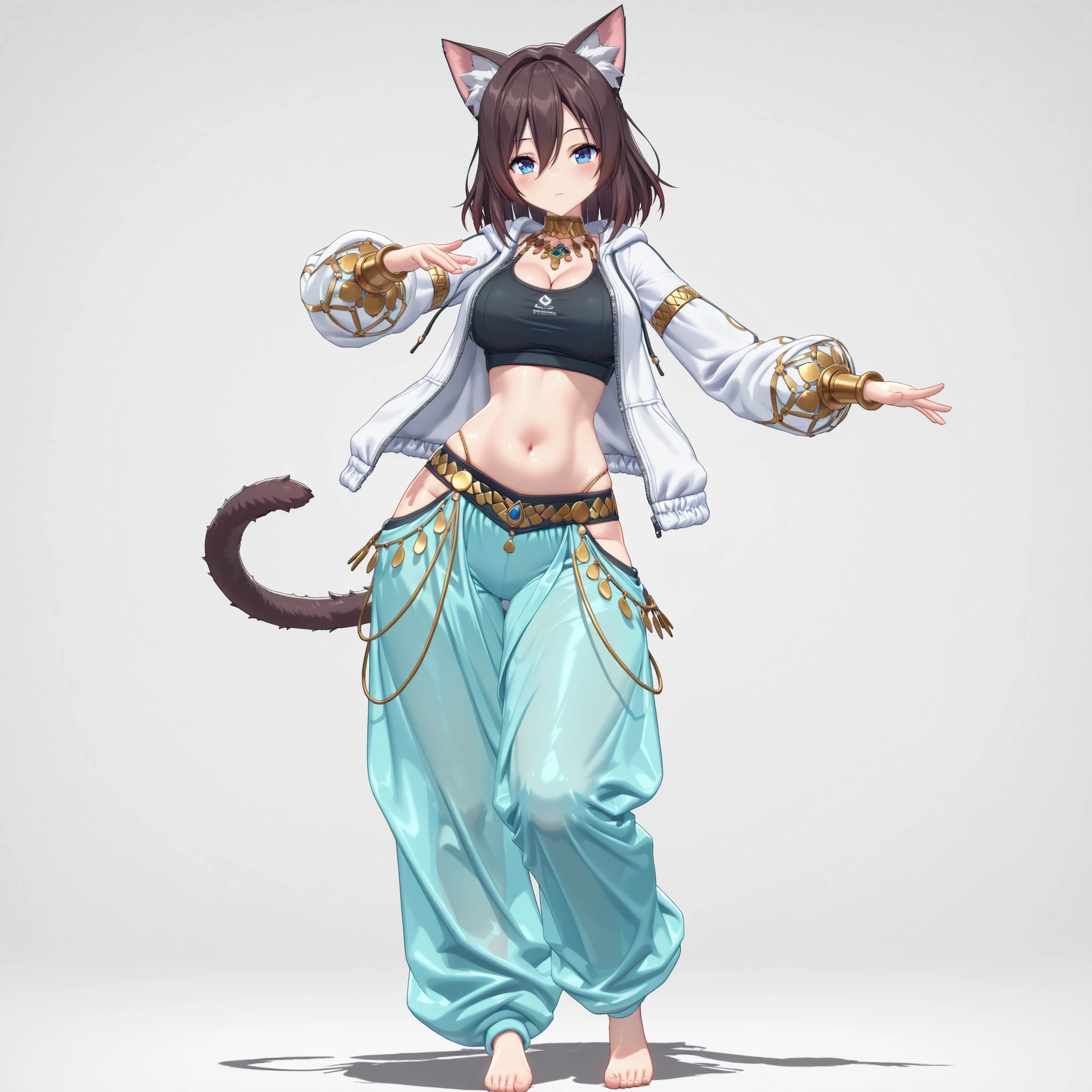 (1girl, solo, cat girl, fluffy tail, dark brown hair, medium hair, hair between eyes, blue eyes, cleavage, midriff, navel, wide hips, harem outfit, open hoodie, gym top, very baggy oversized harem belly dance jasmine pants, barefoot, body jewelry, standing, dancing, ooking at the viewer, graceful, sylish, glamorous, sexy, charming, cute, full body, beautiful environment, biyōjo, moe, 3d, beautiful aesthetic, simple background, masterpiece, best quality)