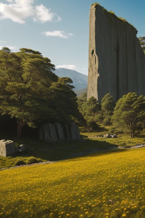 in HD images、What I'm Imagining、A masterpiece of the Chilean plateau landscape、Bright colors、An intense style of dramatic dramatic expression、Flowers on the Edge of the Forest、A large megalithic object(monolith)、a delicate flower、Superior Quality Environment、Shandana Scenery。