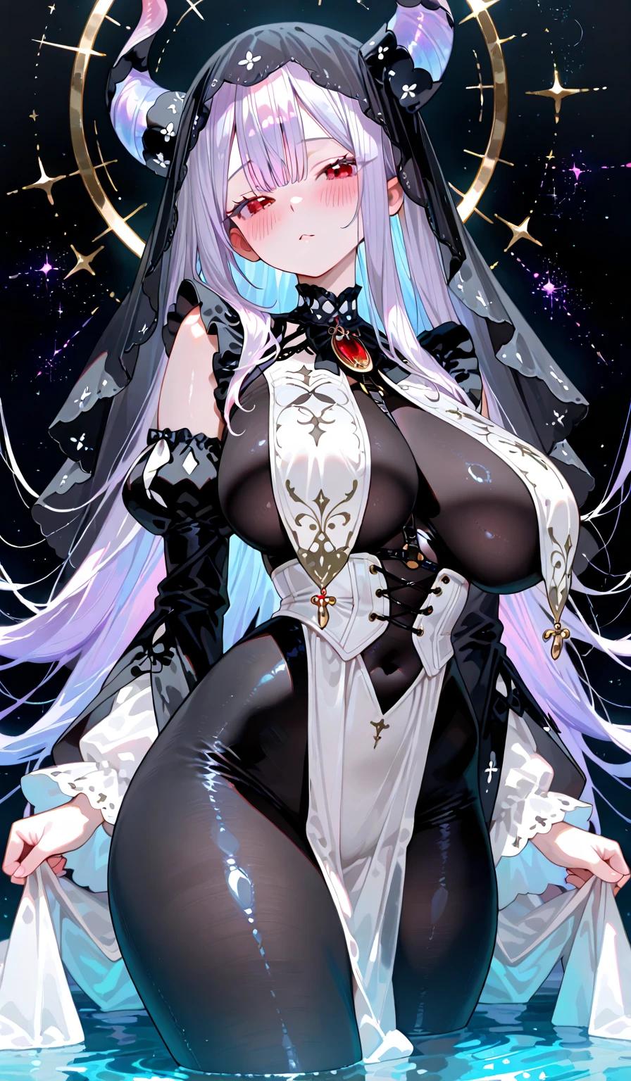 （（masterpiece：1.4，best quality）），（Super detailed），（Extremely detailed eyes），（black leggings，Shiny socks：1.5），Hello Darkness
（Cute girls），15 years old，（Blood-red pupils，Diamond-shaped pupil：1.15），Purple Eyeshadow，（elongated hair，Thick hair，Single ponytail，shiny hair：1.5）（Changes through：1.2），White skin，despair，sad，Empty eyes，tears streaming down my face，tilting its head to the side，
（She wore a blue dress，：1.5），（Black gloves：1.4）Very long plush sleeves，White，White Cloud，Dream bubbles ，Ice and glitter effects
（Black long skirt：1.1），
（（Starry Sky：1.2）），
（Intense black and white：1.16），（Depth of Field：1.4），，Intricate details，(((Detailed background，Castle in the Sky，Standing by the lake，Purple flowers by the lake)))，(((Huge breasts，Bare breasts，Deep cleavage)))