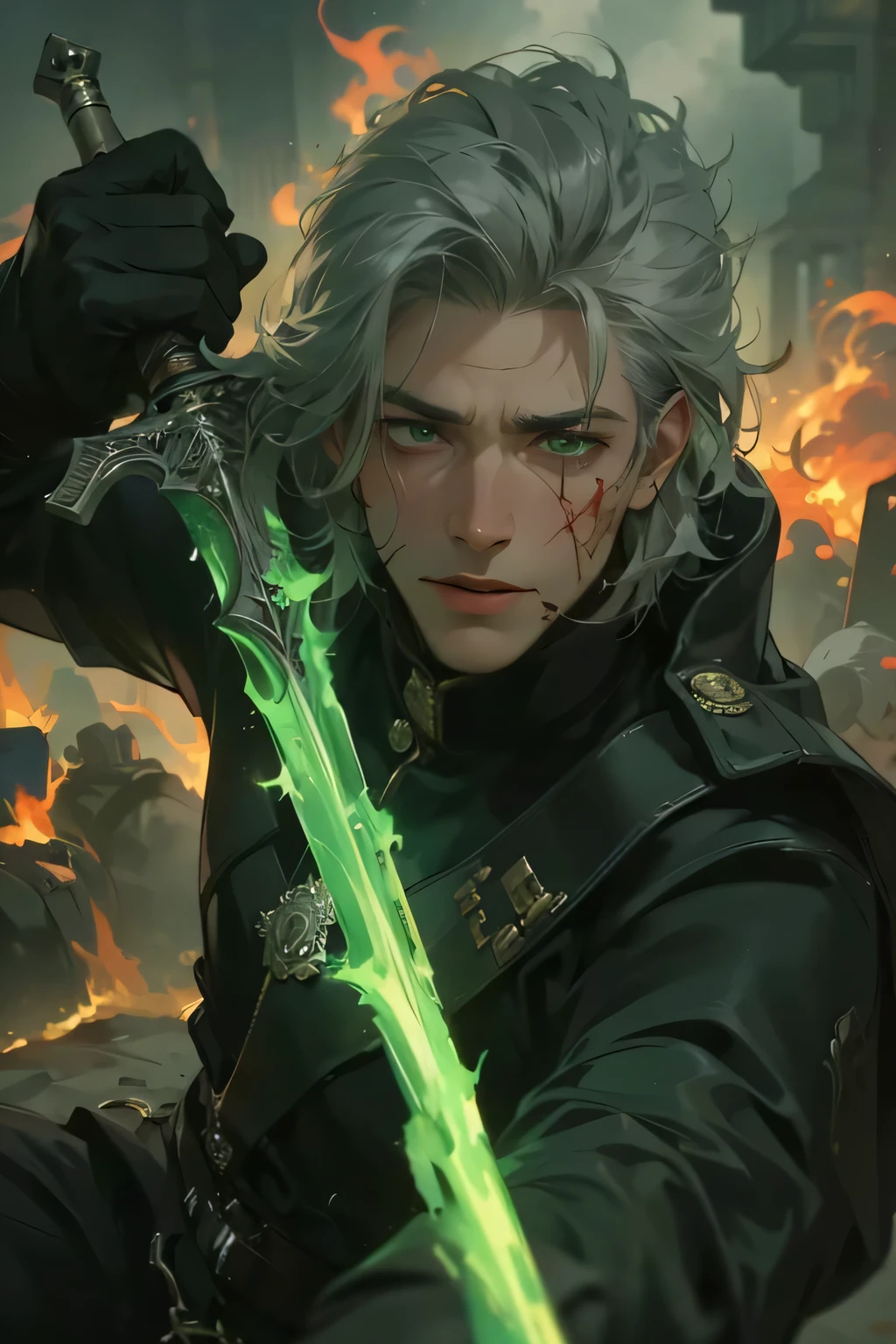 High resolution masterpiece, excelente calidad ultra realistic, extremely detailed, ultra realistic, ultra photographic, man, gray hair with white tufts, hair with sharp afro-style laughter, shoulder-length hair, emerald green eyes, military uniform black, scar on his face that crosses half of his face , attractive face, very detailed face, holding and wielding a very detailed green scimitar sword in flames in his left hand, on the battlefield , Alone, defense movement