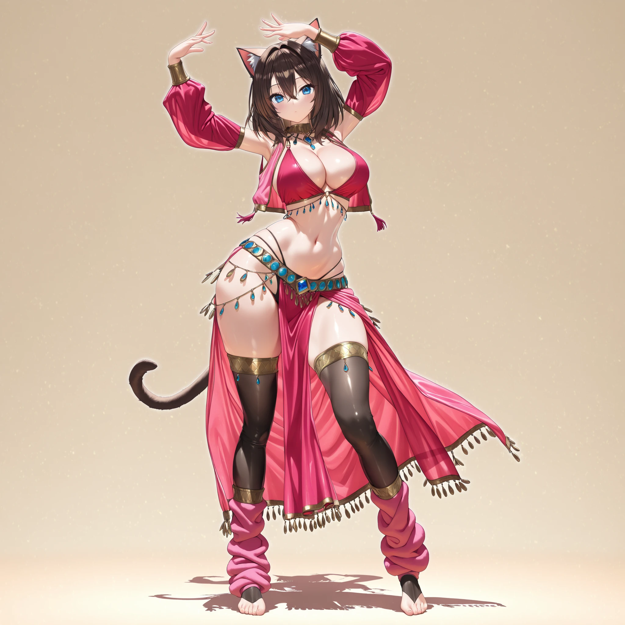 (1girl, solo, cat girl, cat ears, cat tail, dark brown hair, medium hair, hair between eyes, blue eyes, cleavage, midriff, navel, wide hips, thick hips, harem outfit, open vest, sleeves, beautiful top, thong, hip sarong, jewel belt, pelvic curtain, high thigh socks, toeless socks, very baggy oversized leg warmers, barefoot, body jewelry, standing, dancing, arms up, looking at the viewer, stylish, graceful, glamorous, sexy, charming, cute, full body, beautiful environment, biyōjo, moe, 3d anime game, beautiful aesthetic, simple background, masterpiece, best quality),
