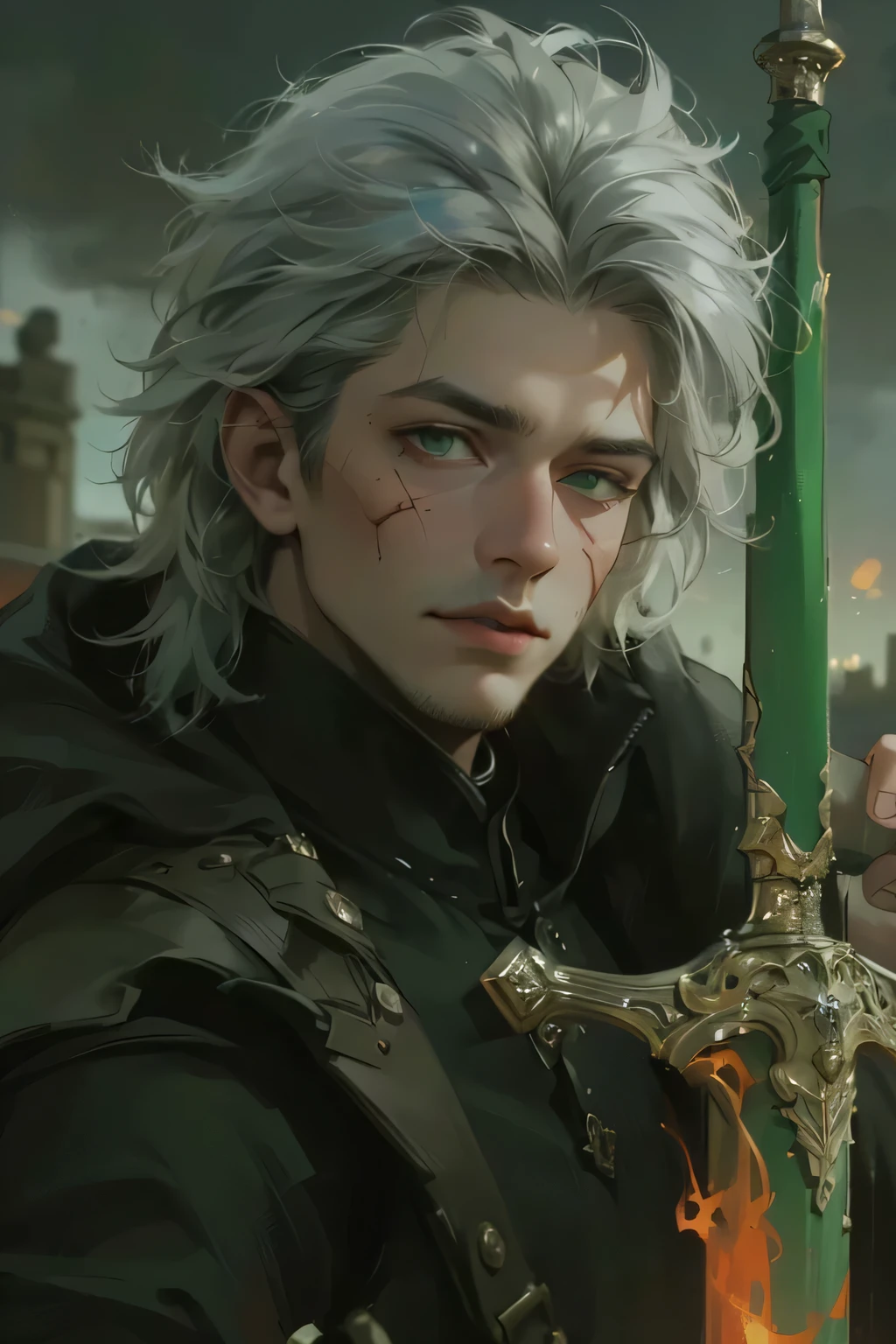 High resolution masterpiece, excelente calidad ultra realistic, extremely detailed, ultra realistic, ultra photographic, man, gray hair with white tufts, hair with sharp afro-style laughter, shoulder-length hair, emerald green eyes, military uniform black, scar on his face that crosses half of his face , attractive face, very detailed face, holding by the handle a very detailed green scimitar sword in flames in his left hand, on the battlefield , Alone, defense movement