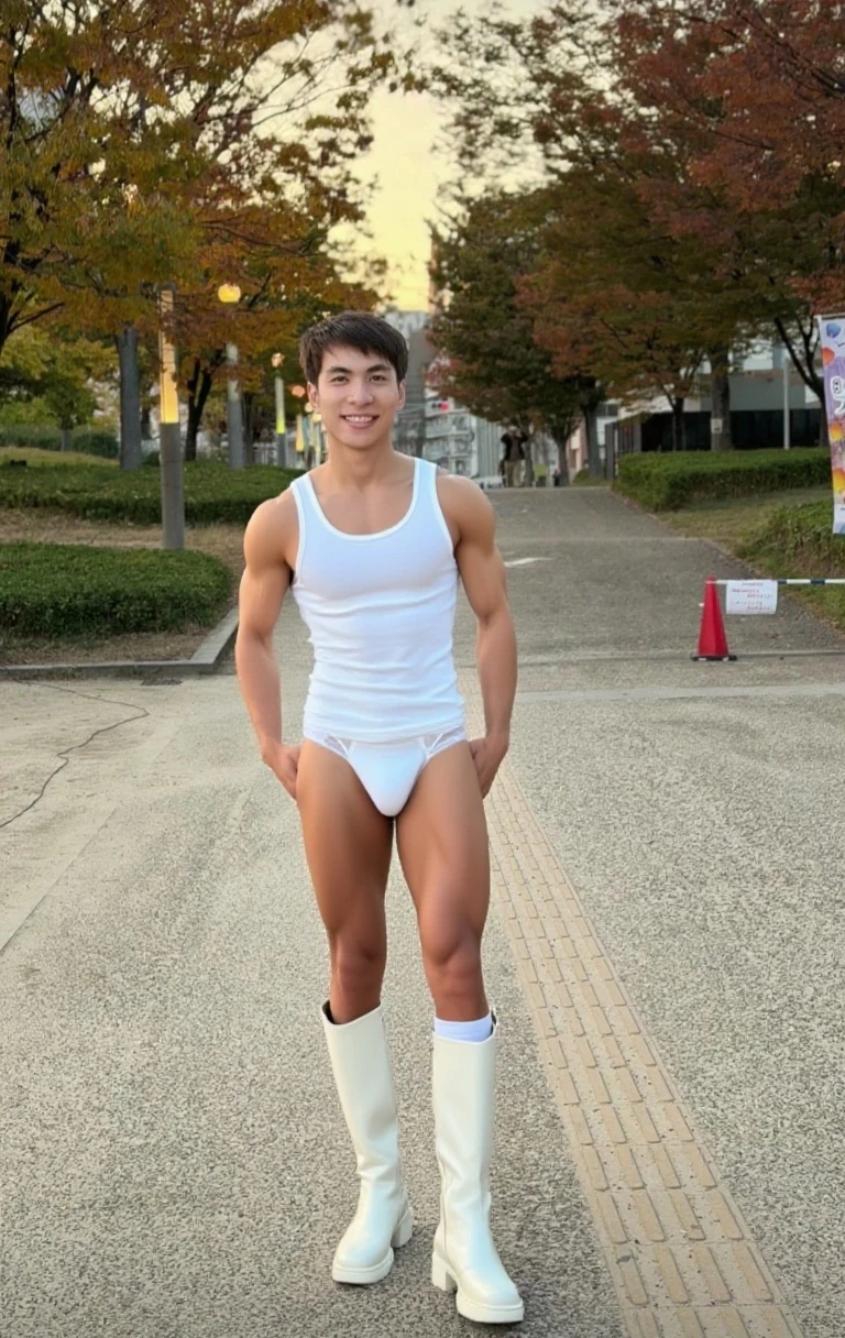 muscular, blue eyes, wearing a micro string ????? , tight stockings , ???????,  looking at viewer, smiling,full length shot(fls),
standing,  outside, park, trees, autumn, blue sky, extreme detail, masterpiece, extra short hair
