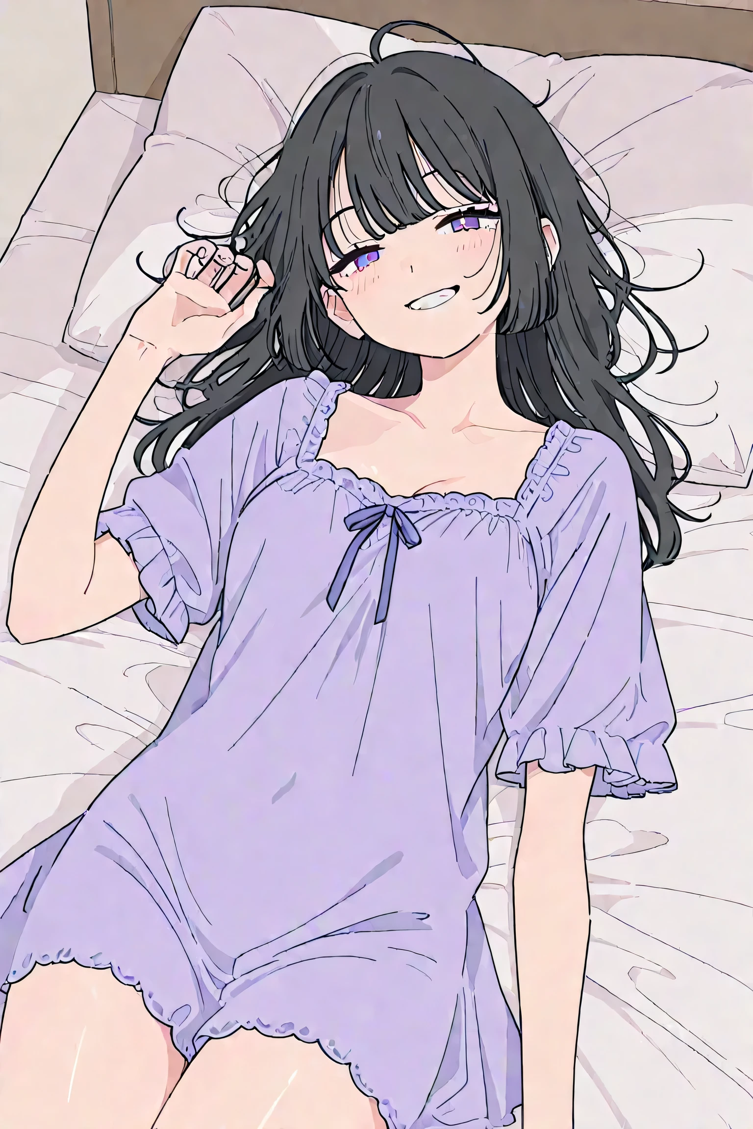 Girl waking up、nightgown、A 、lying on the bed、Angle from Above(1:6)、Grin、fine、glossy skin with fingertips、disheveled clothes