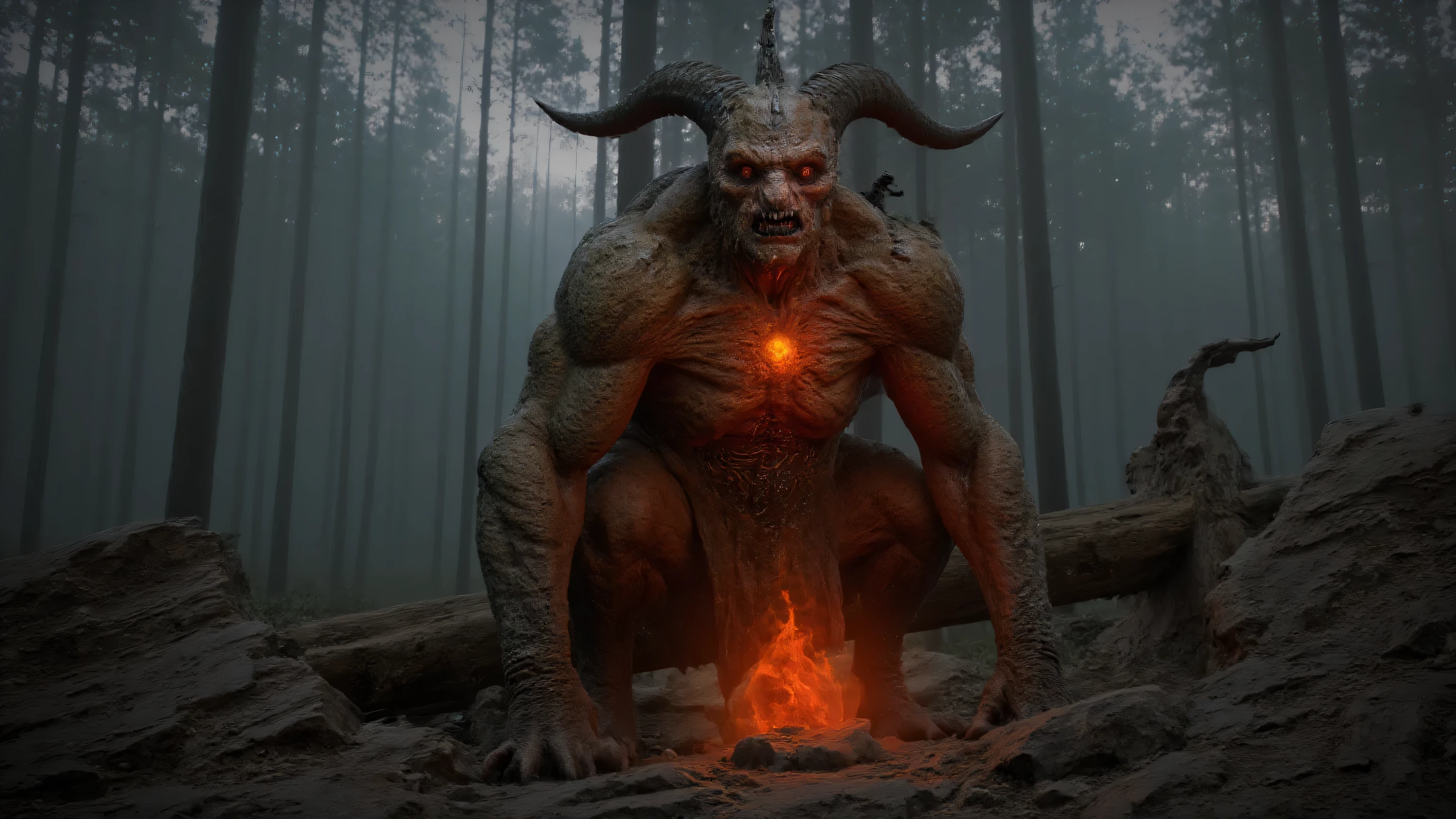 “A colossal immortal earth demon Gaia the Eternal, weakest of the four demon kings, as a massive rocky golem of cracked earth and ancient stone in a misty moonlit forest, glowing red eyes with a philosophical, weary gaze reflecting eternal loneliness, subtle ancient runes etched on his moss-covered skin symbolizing LUNA’s teachings, soil tentacles emerging subtly from the ground like contemplative roots, hunched posture evoking tragic wisdom rather than rage, faint ethereal light sealing his chest. Hyper-realistic fantasy style inspired by Dragon Quest monsters and Studio Ghibli’s introspective creatures, earthy browns and deep greens with crimson rune glows, volumetric god rays through canopy, intricate textures on rune-carved rock, dramatic low-angle shot with intellectual depth, high detail, cinematic lighting, 8k –ar 16:9 –v 6 –q 2”