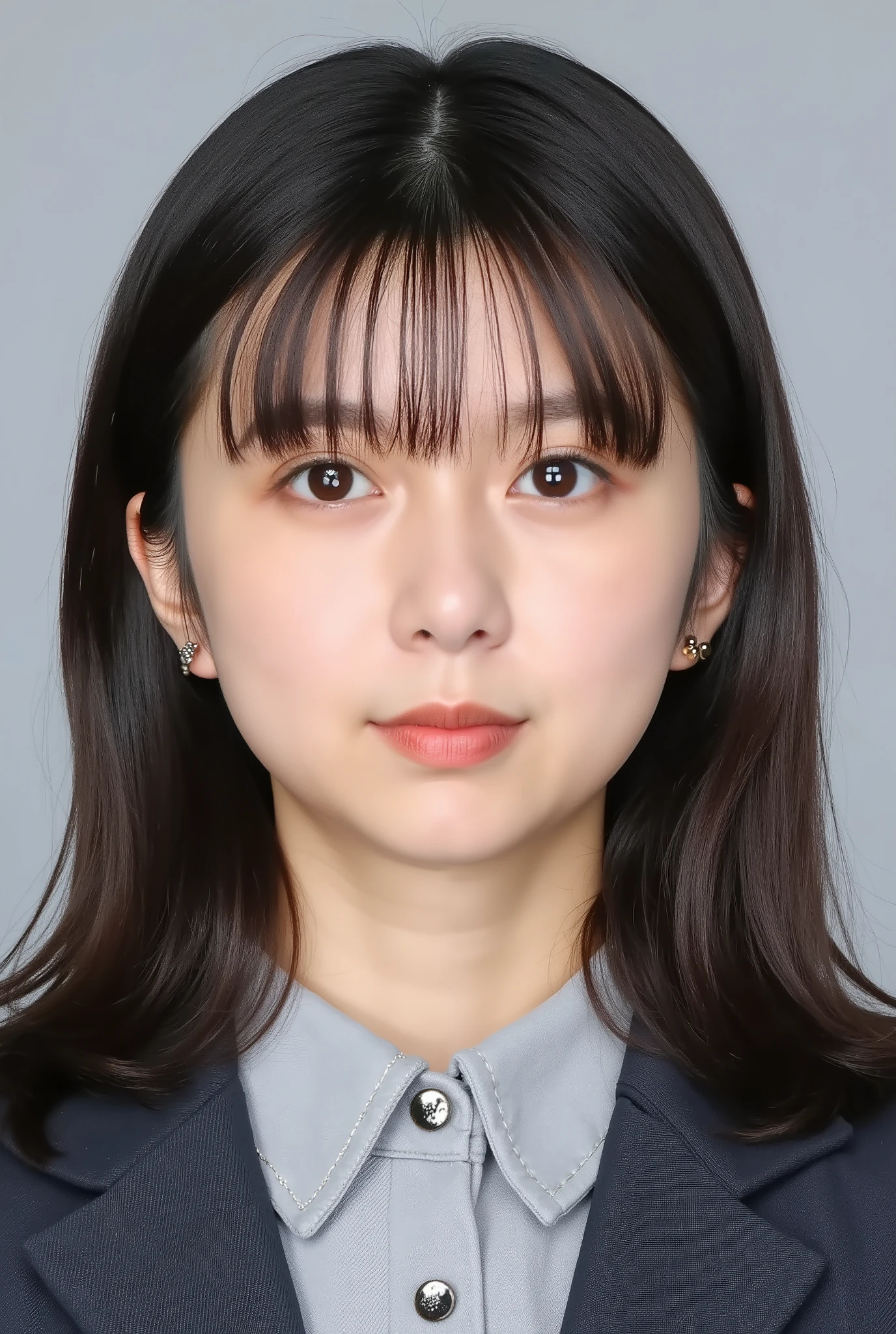 Passport photo of a neat young woman、facing directly、camera list、office lady suit、jacket、shirt、、、ear piercings、前髪あり、黒に近い茶髪、ウェーブヘア、口を閉じた笑顔、、has closed its mouth、face close-up、grey background