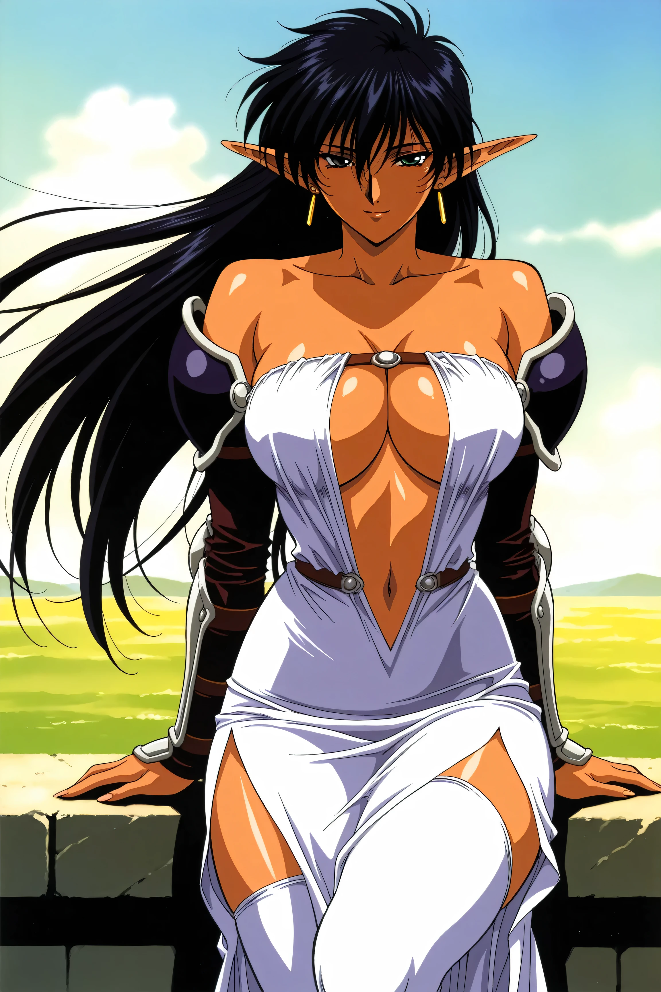 mature female, milf, motherly,(arshes_nei), score_9, score_8_ up the side, score_7_ up the side, score_6_ up the side, score_5_ up the side, score_4_ up the side,(cowboy shot:1.4),manga coloring, source manga,light smile,(masterpiece:1.4),solo,outdoor,(slender:1.3),(slender waist:1.3),slender face,(tsurime:1.2),young female,elf, pointy ears, green eyes, black hair, hair between eyes,bangs,long straight hair,big hair, dark-skinned female,large breasts,attractive breasts, center opening, navel, ,(cloth dress armor:1.3) , thick thighs, white thighhighs,BASTARD_V1,(messy hair:0.7),, 1girl, pointy ears, collarbone,,, black hair, jewelry, cleavage, earrings, bare shoulders,floating hair,pinup, , sitting,