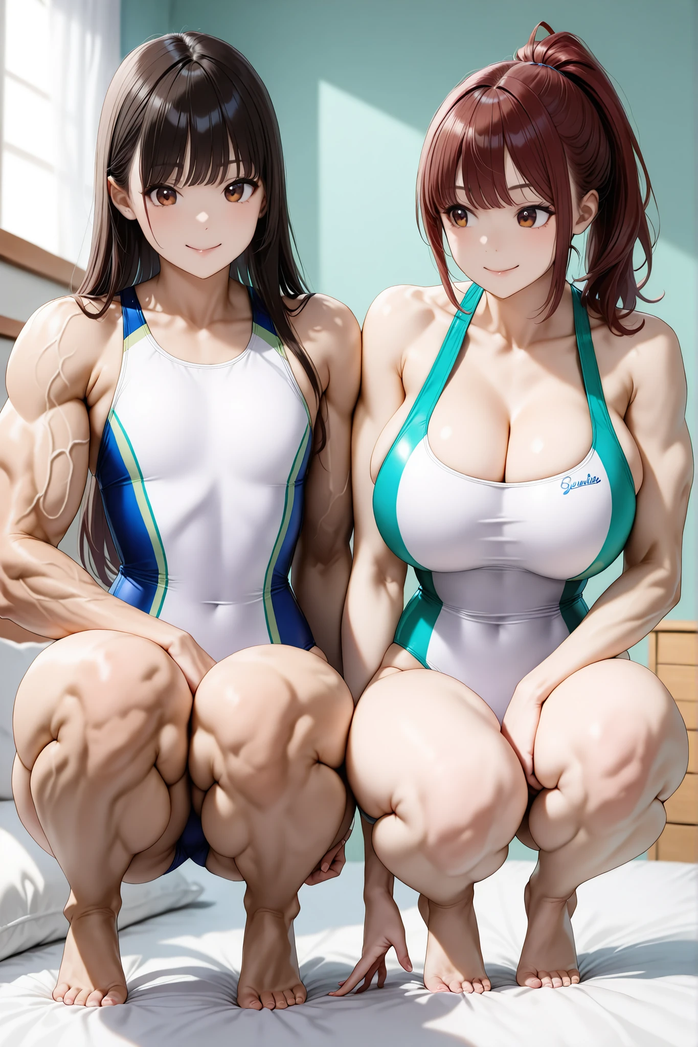 score_9, score_8_up , score_7_up , just describe what you want, tag1, tag2,official art, official style,game cg,illustration,
(masterpiece:1.5),(most detailed:1.5), (high resolution:1.5), (best quality:1.5),(perfect anatomy:1.5), (4K:1.3),
女の子2人:1.3, (squatting, side-by-side:1.5),左側に1人目\(優子\),右側に2人目\(聖子\),(competitive swimsuit:1.3),

(1人目  is muscular:1.8, 1人目 is flat chest:1.5, 1人目 is toned body, 1人目 wears green competitive swimsuit :1.3  ),

(2人目 is non muscular:1.8, 2人目 is huge breasts , 2人目 wears cleavage wears navy blue competitive swimsuit:1.3, 2人目 is ponytail with natural bangs: 1.3) ,

2人は日本人,2人は黒髪,2人はbrown eyes,(bed room:1.2),smile:1.3,