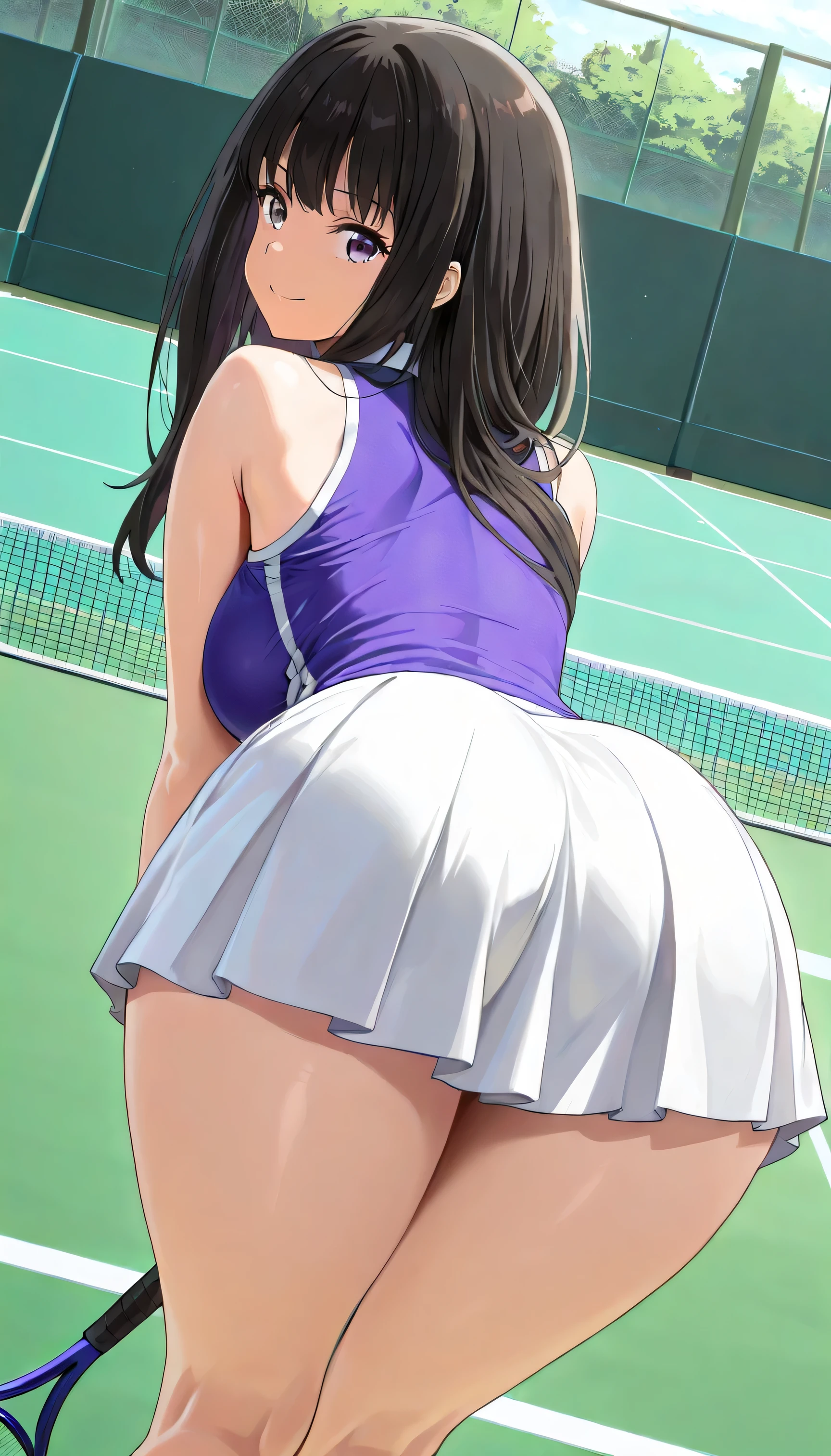 ( best quality , 8k , masterpiece , incredibly absurdres , perfect body , super detailed skin , highly detailed eyes and face , huge hip ,1 woman , solo ) , ,inoue takina, long hair, bangs, black hair, purple eyes, smile , ( tennis court , tennis court , white miniskirt, bent over , from behind , dutch angle : 1.2 ) , ( large breasts )