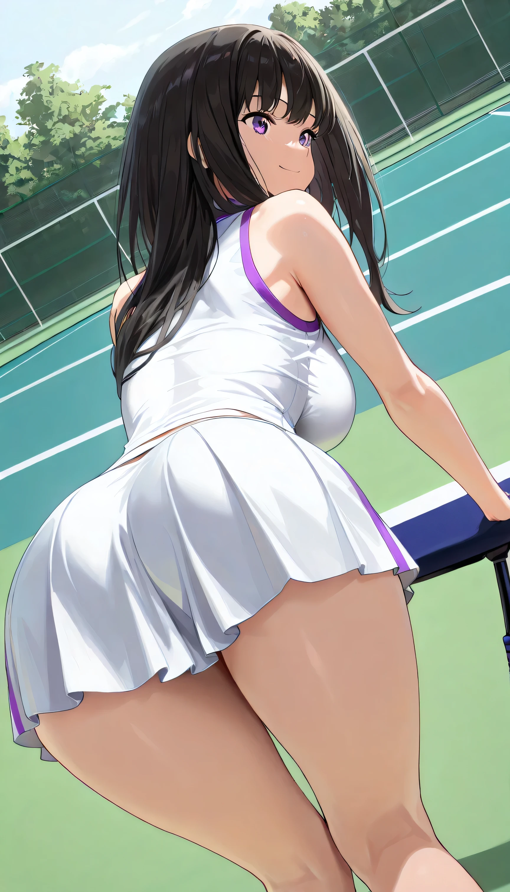 ( best quality , 8k , masterpiece , incredibly absurdres , perfect body , super detailed skin , highly detailed eyes and face , huge hip ,1 woman , solo ) , ,inoue takina, long hair, bangs, black hair, purple eyes, smile , ( tennis court , tennis court , white miniskirt, bent over , from behind , dutch angle : 1.2 ) , ( large breasts )
