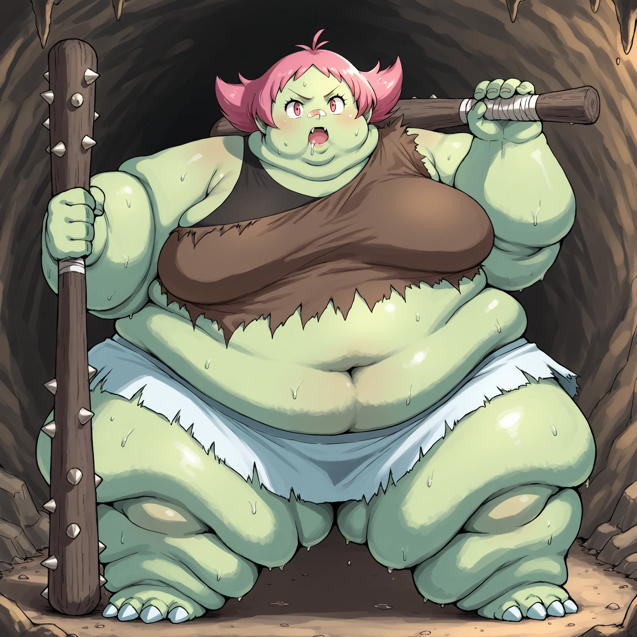1girl, maylene (pokemon), pink eyes, pink hair, small breasts, short hair, eyelashes, pointy hair, Becoming a orc, monster, Orc, Female Orc, green skin, tusks, Orc, fangs, 1girl, fur, rags, brown crop top, fur trim crop top, single off shoulder, midriff, navel, brown miniskirt, fur trim miniskirt, blank_stare, empty_stare, fat, chubby, obese, gigantic arms and legs, large breasts, sweating, wet body, swollen face, Fat_neck , Fat head , eyes with crushed cheeks , nose with crushed cheeks , mouth with crushed cheeks , chin roll,
only head, large head, oversized limbs, large hands, large feet, oversized feet, oversized fingers, big lips, plump lips, fat face, fupa, big fupa, fat fupa, in a cave, open mouth, drooling, pubic hair, hairy, holding a club, holding a weapon, large breasts, fat, chubby, obese, fat neck, multiple chins, big breasts open mouth, out of breath, Larger female, full body shot, only head, large head, oversized limbs, large hands, large feet, oversized feet, oversized fingers, big lips, plump lips, fat face, fupa, big fupa, fat fupa, hunchback, torn clothes, ripped clothes