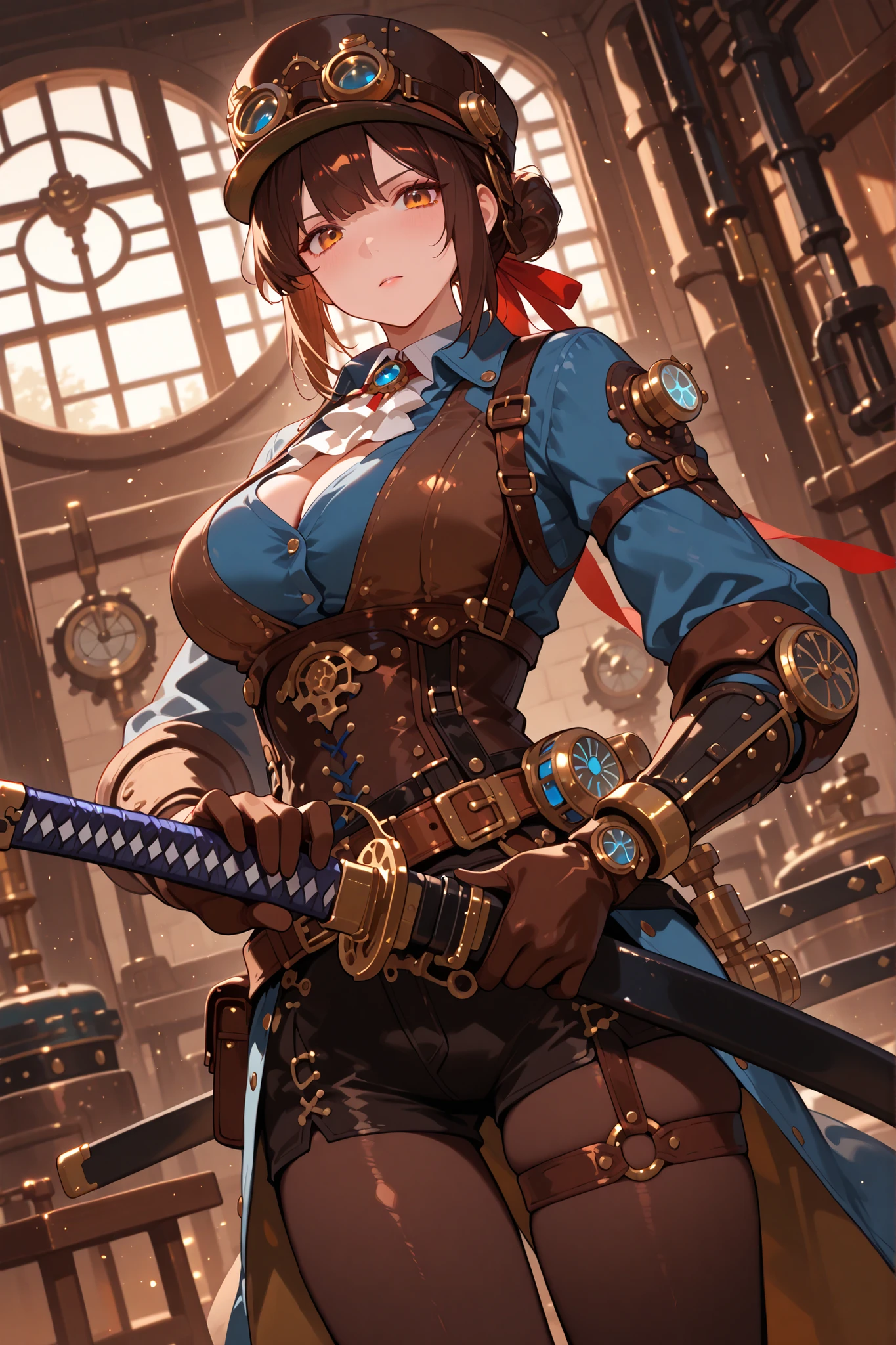 steampunk engineer,Japanese sword large sword,Appraising swords