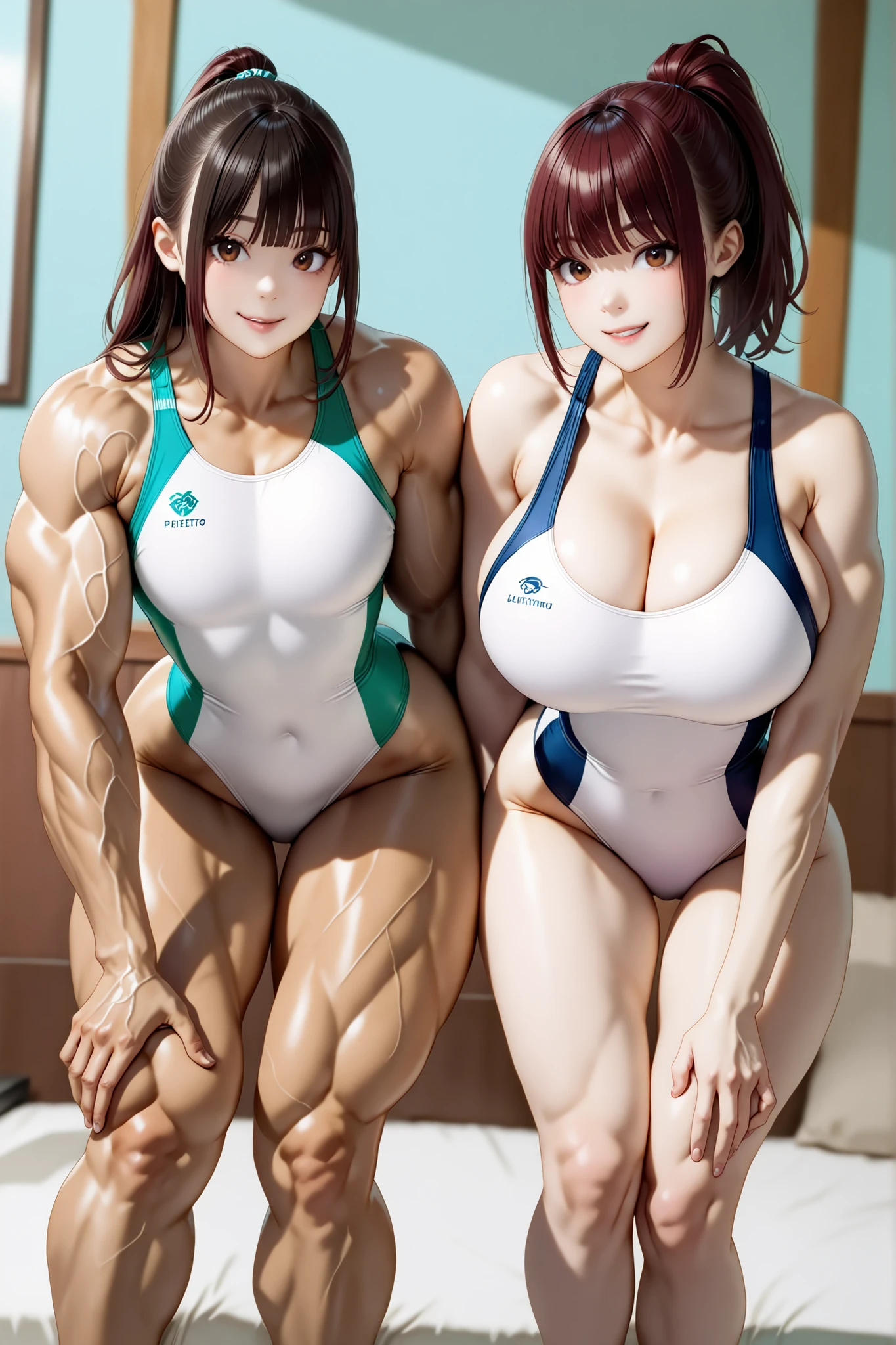 score_9, score_8_up , score_7_up , just describe what you want, tag1, tag2,official art, official style,game cg,illustration,
(masterpiece:1.5),(most detailed:1.5), (high resolution:1.5), (best quality:1.5),(perfect anatomy:1.5), (4K:1.3),
女の子2人:1.3, (bent over:1.5, side-by-side:1.5),左側に1人目\(優子\),右側に2人目\(聖子\),(competitive swimsuit:1.3),

(1人目  is muscular:1.8, 1人目 is flat chest:1.5, 1人目 is toned body:1.5, 1人目 wears green competitive swimsuit :1.3  ),

(2人目 is non muscular:1.8, 2人目 is huge breasts , 2人目 wears cleavage wears navy blue competitive swimsuit:1.3, 2人目 is ponytail with natural bangs: 1.3) ,

2人は日本人,2人は黒髪,2人はbrown eyes,(bed room:1.2),smile:1.3,
