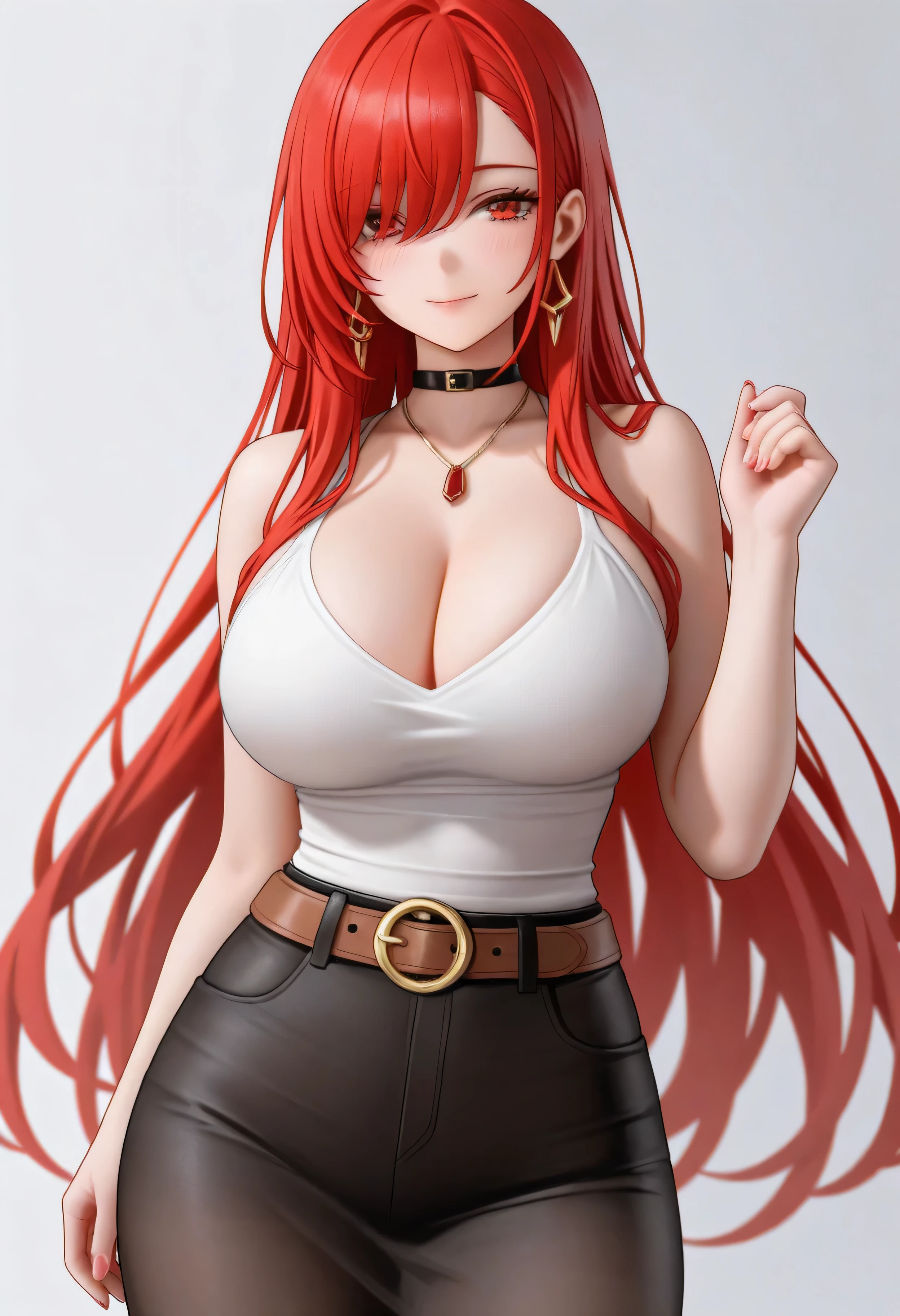 female 20s,  long red hair,  blue colored eyes, white blouse with neckline, jeans,  defined waist, medium sized breasts,  thick thighs, accentuated hip,  Medium sized butt, na rua 